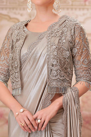 Glamorous Grey Satin Saree with Intricate Sequin & Floral Work