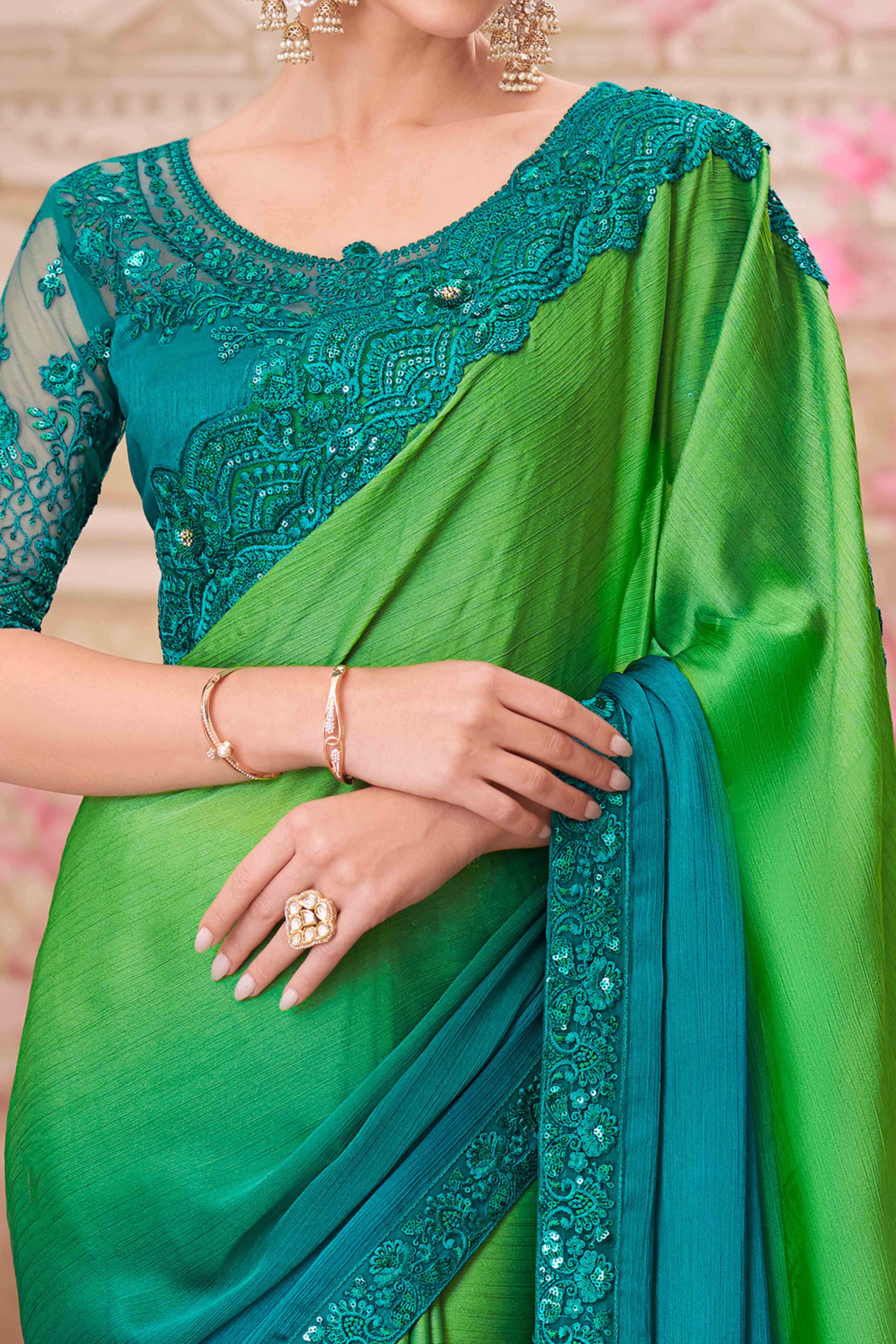 Radiant Green & Teal Chiffon Saree with Delicate Floral & Sequin Embellishments