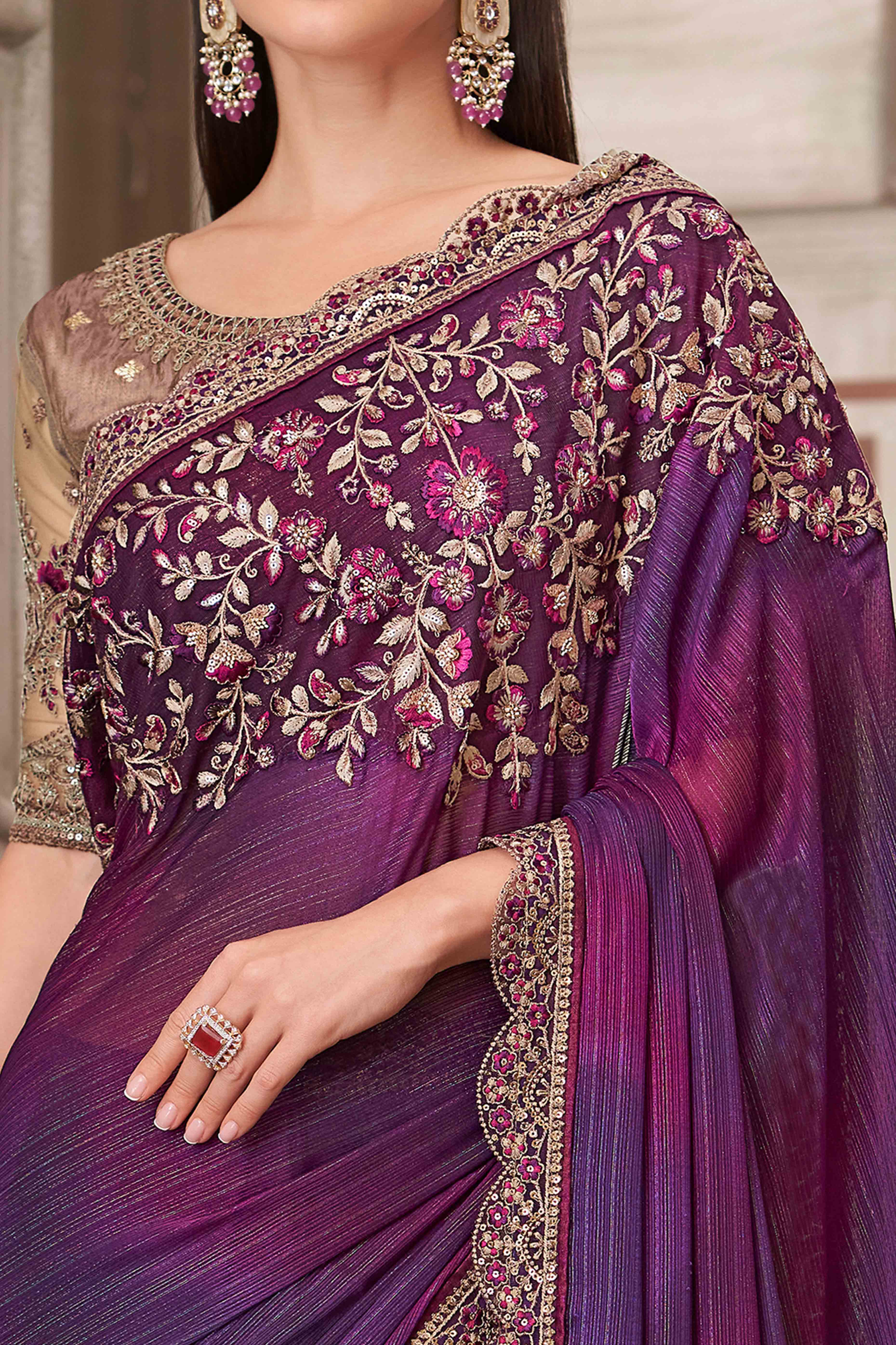 Soft Georgette Dark Purple Saree with Floral Thread & Sequin Accents