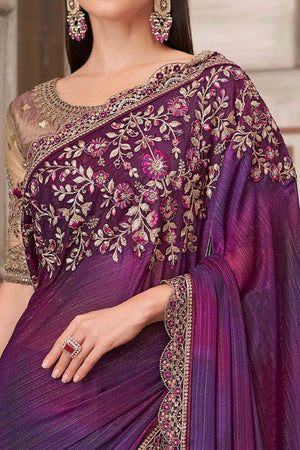 Soft Georgette Dark Purple Saree with Floral Thread & Sequin Accents