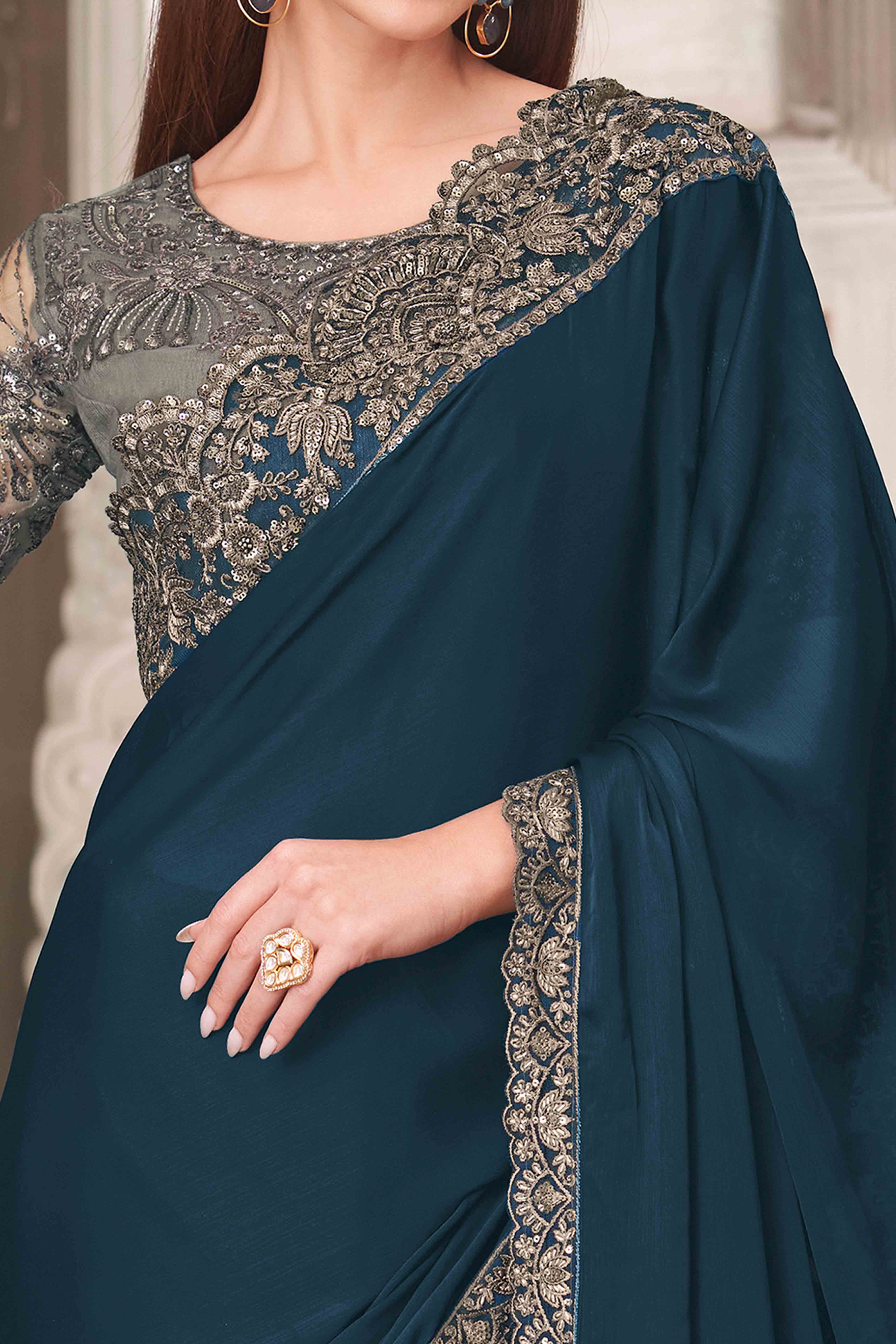 Soft Georgette Dark Teal Saree with Floral Thread & Sequin Accents