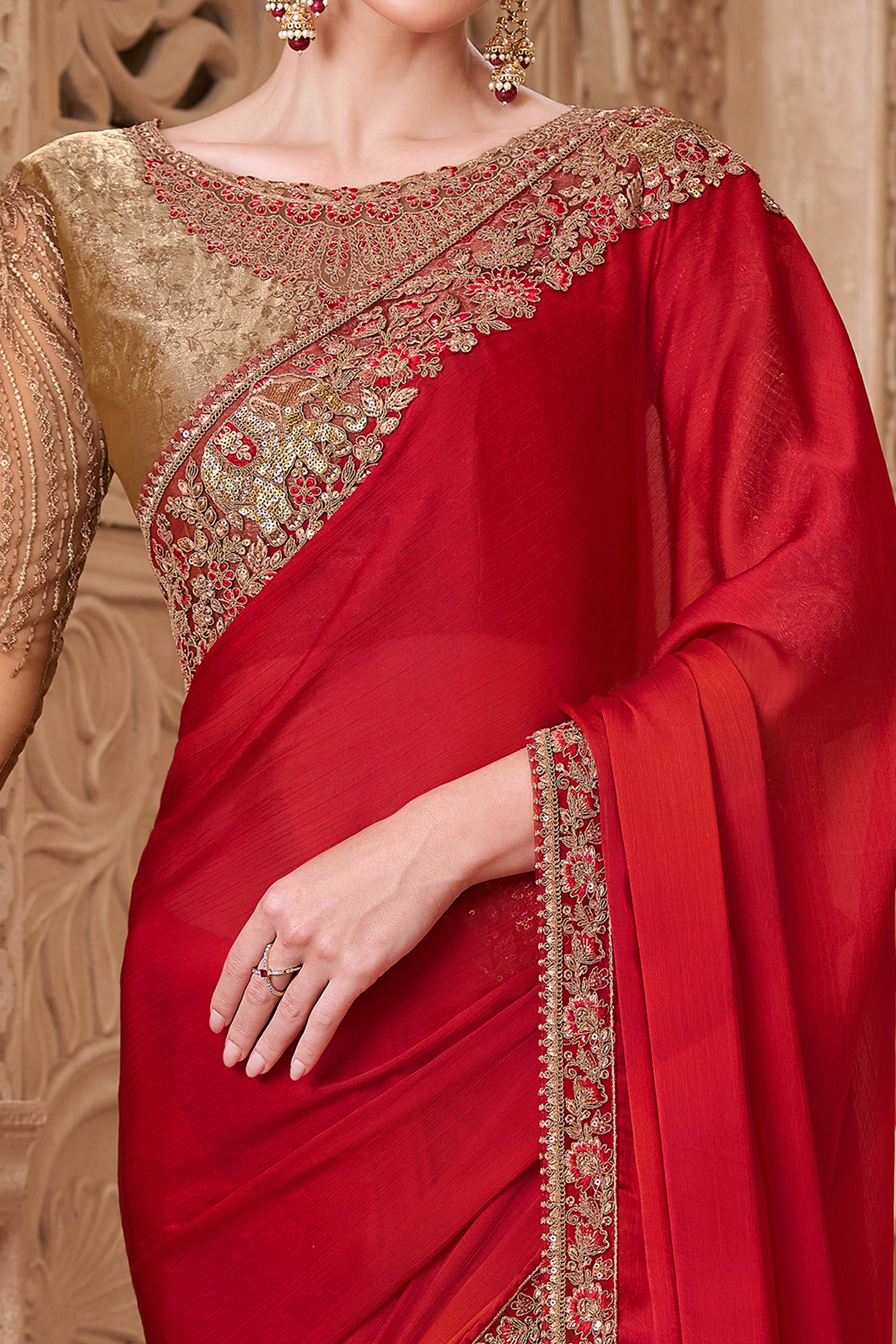 Designer Red Thread Embroidered Satin Saree with Sequin Highlights