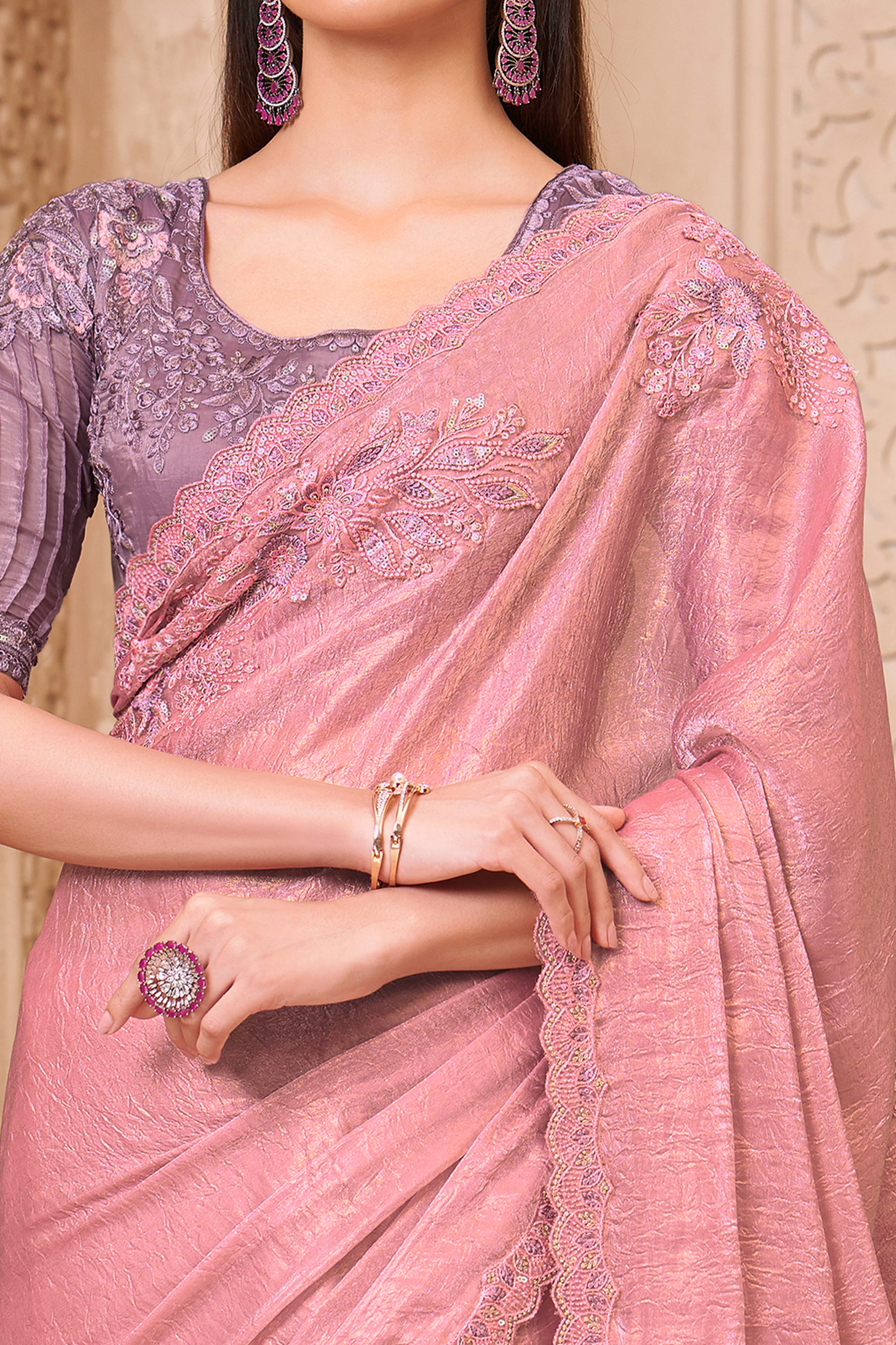 Shimmering Salmon Pink Georgette Saree with Graceful Thread Embellishment and Sequins