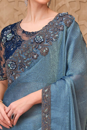 Shimmering Bluish Grey Georgette Saree with Graceful Thread Embellishment and Sequins