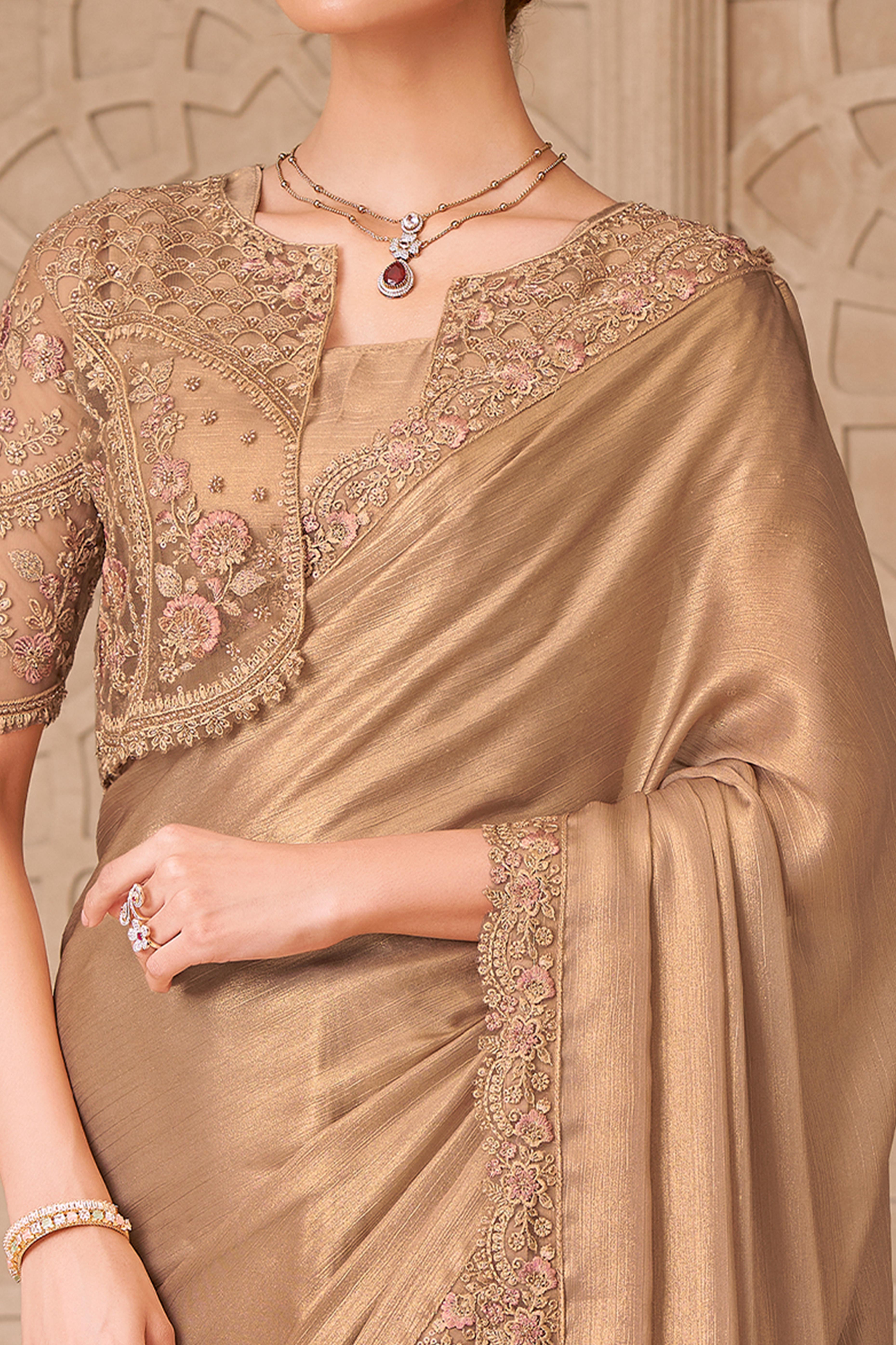 Shimmering Beige Georgette Saree with Graceful Thread Embellishment and Sequins