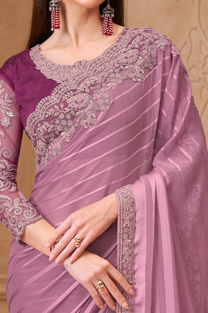 Stylish Light Pink Chiffon Saree Crafted with Sequin Detailing and Thread Embroidery