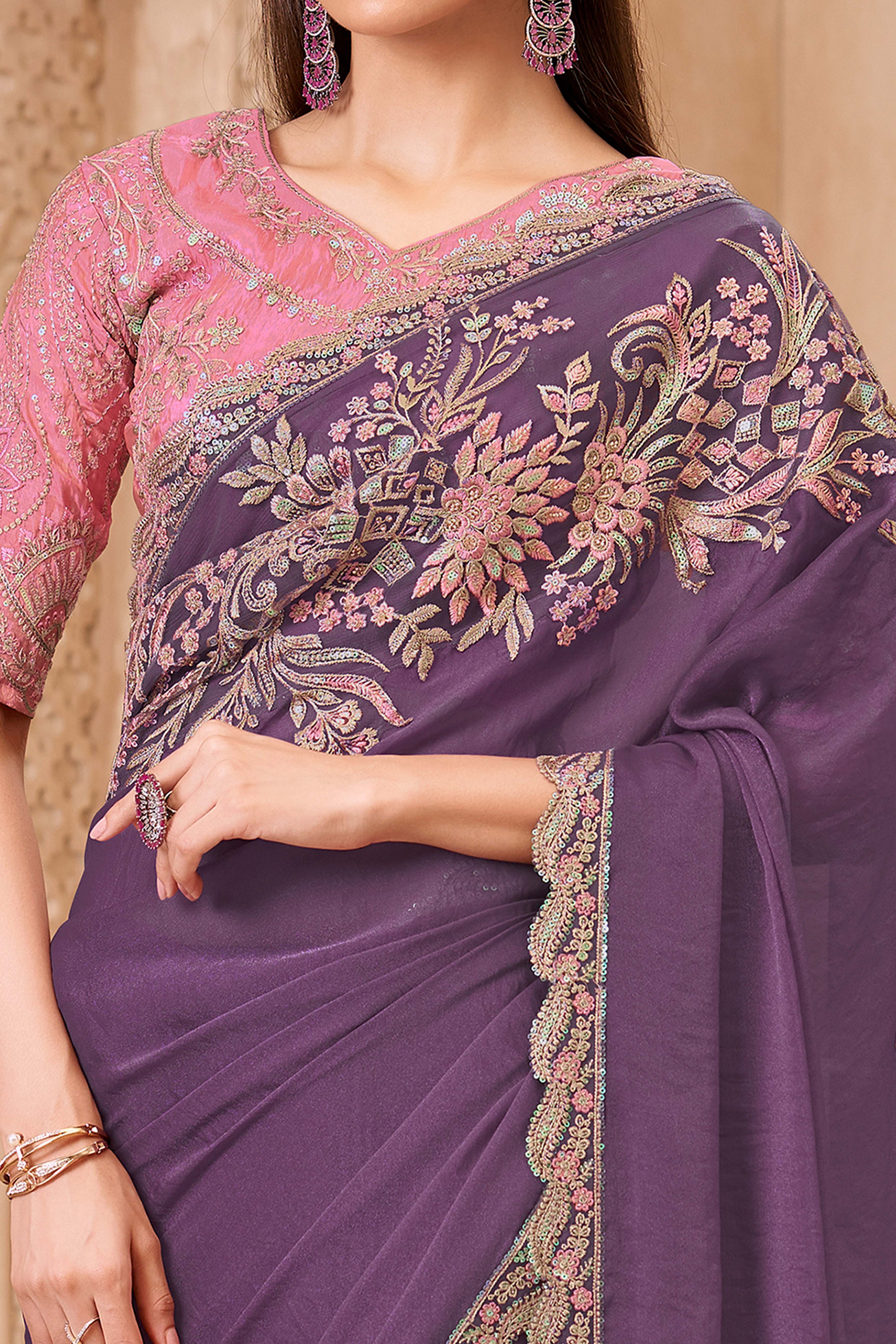 Designer Purple Thread Embroidered Satin Saree with Sequin Highlights