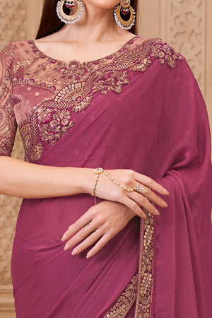 Shimmering Rouge Pink Georgette Saree with Graceful Thread Embellishment and Sequins
