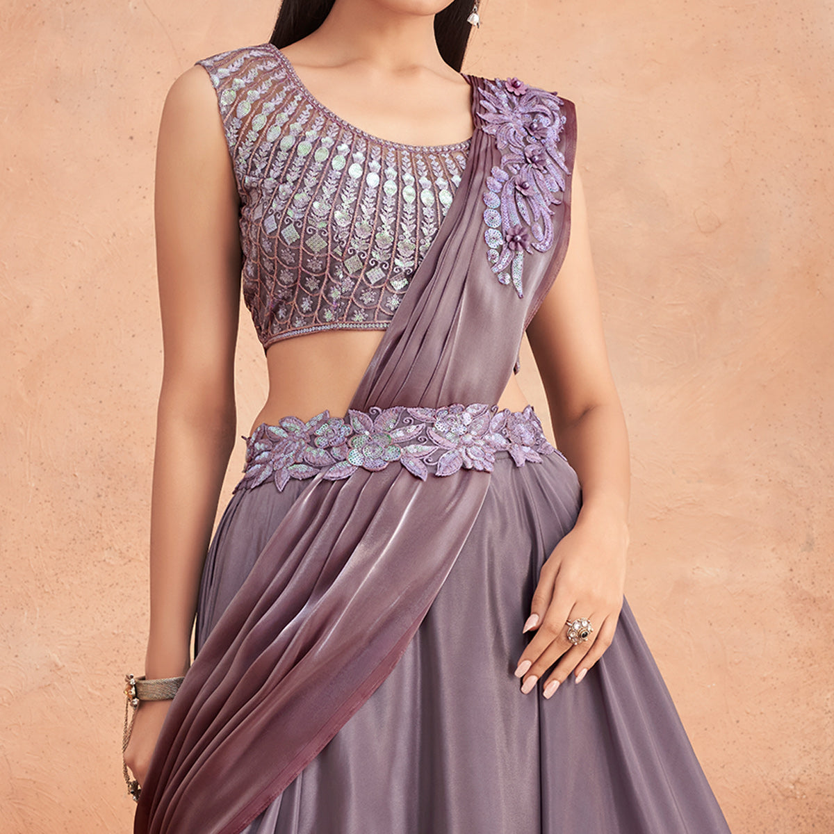 Mauve Sequins Embroidered Ready To Wear Satin Silk Saree