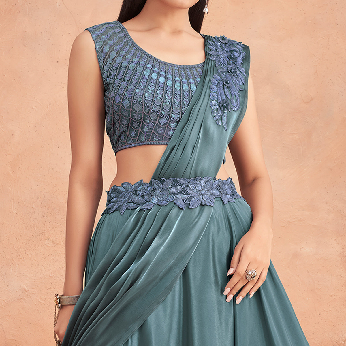 Rama Blue Sequins Embroidered Ready To Wear Satin Silk Saree