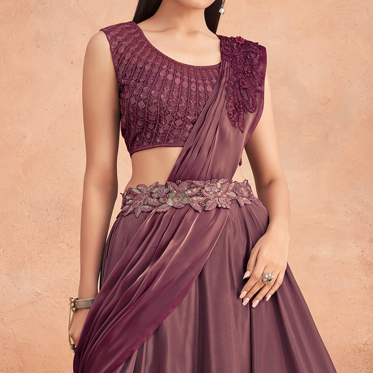 Wine Sequins Embroidered Ready To Wear Satin Silk Saree