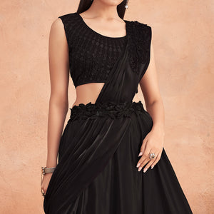 Black Sequins Embroidered Ready To Wear Satin Silk Saree