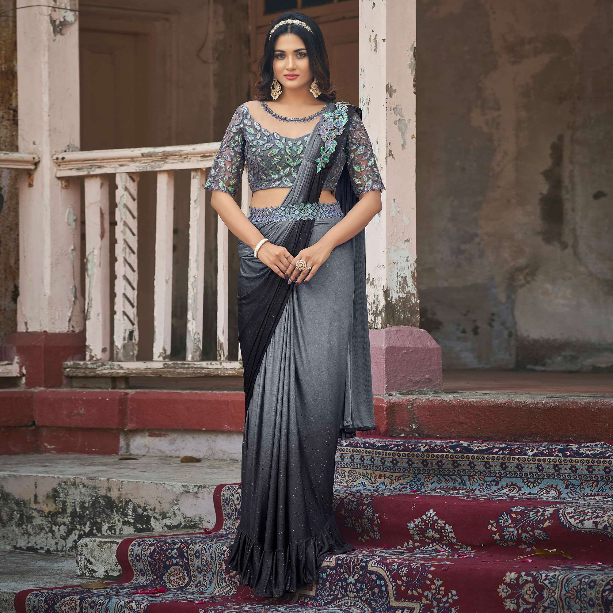 Grey Sequins Embroidered Ready To Wear Lycra Saree