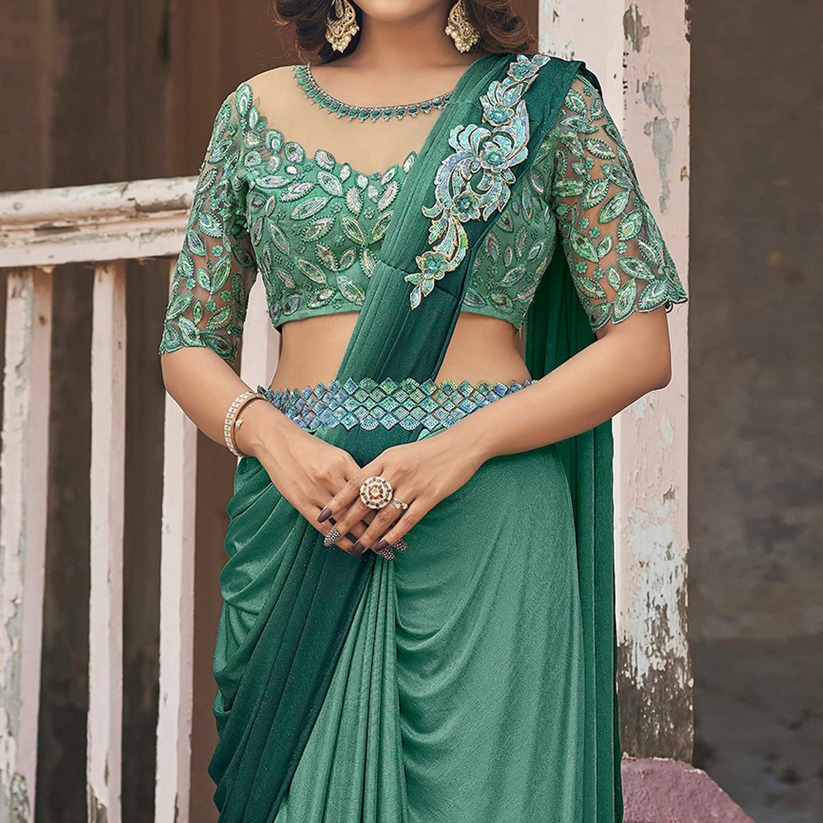 Green Sequins Embroidered Ready To Wear Lycra Saree