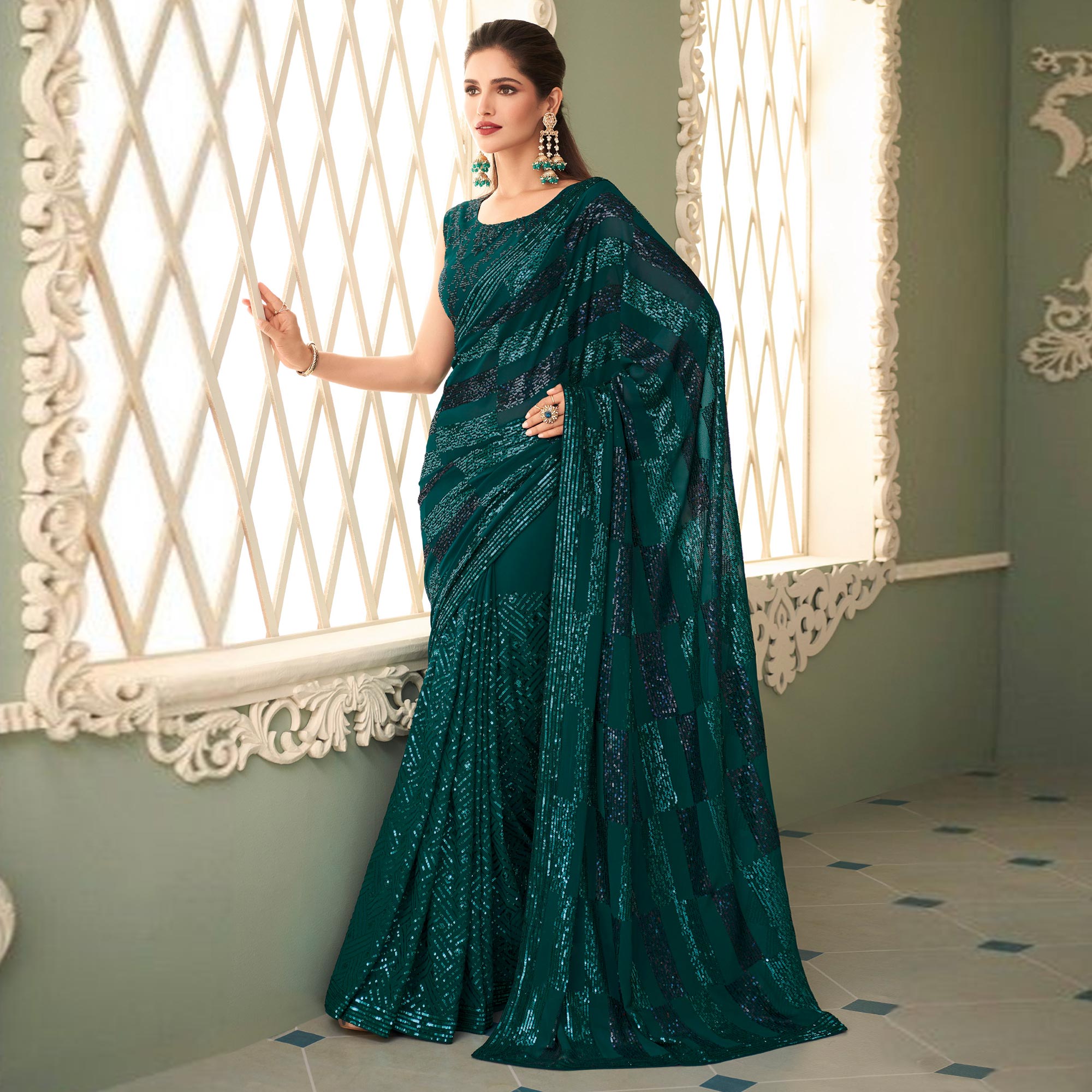 Peacock Green Sequins Embroidered Georgette Saree