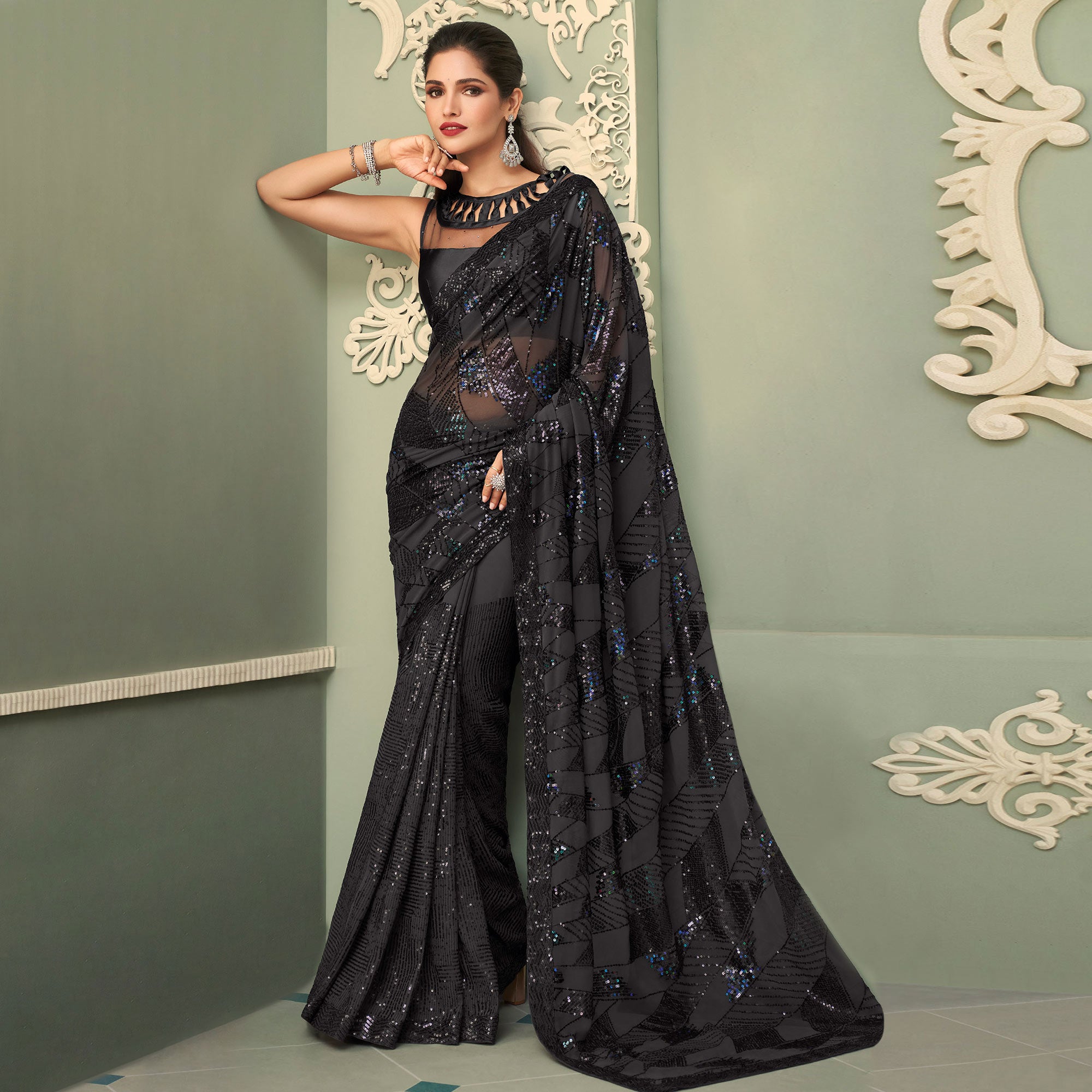 Black Sequins Embroidered Georgette Saree