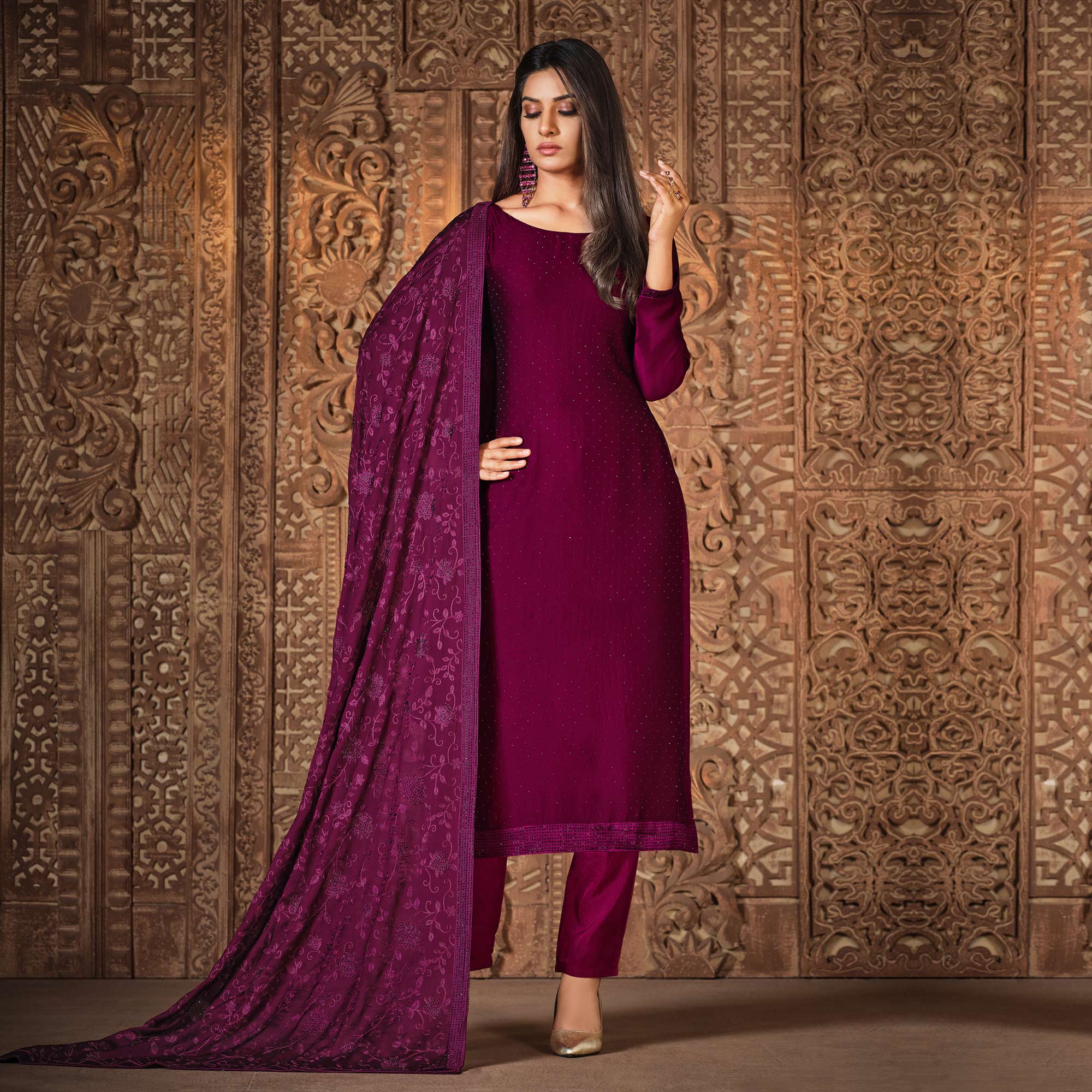 Magenta Diamond Work Georgette Semi Stitched Salwar Suit