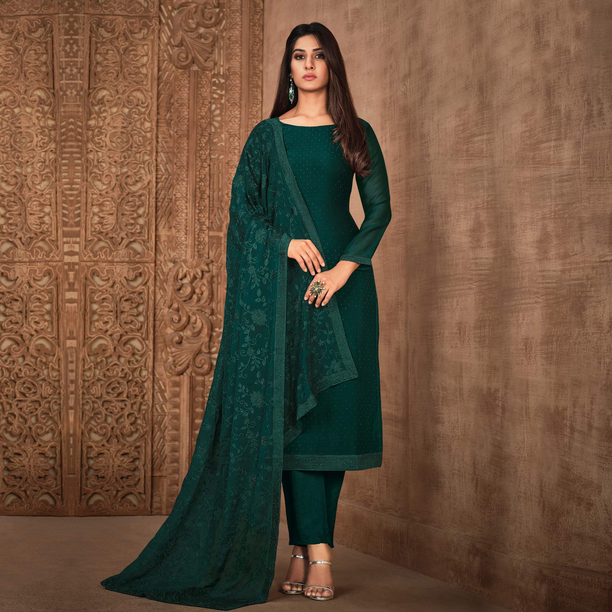 Green Diamond Work Georgette Semi Stitched Salwar Suit