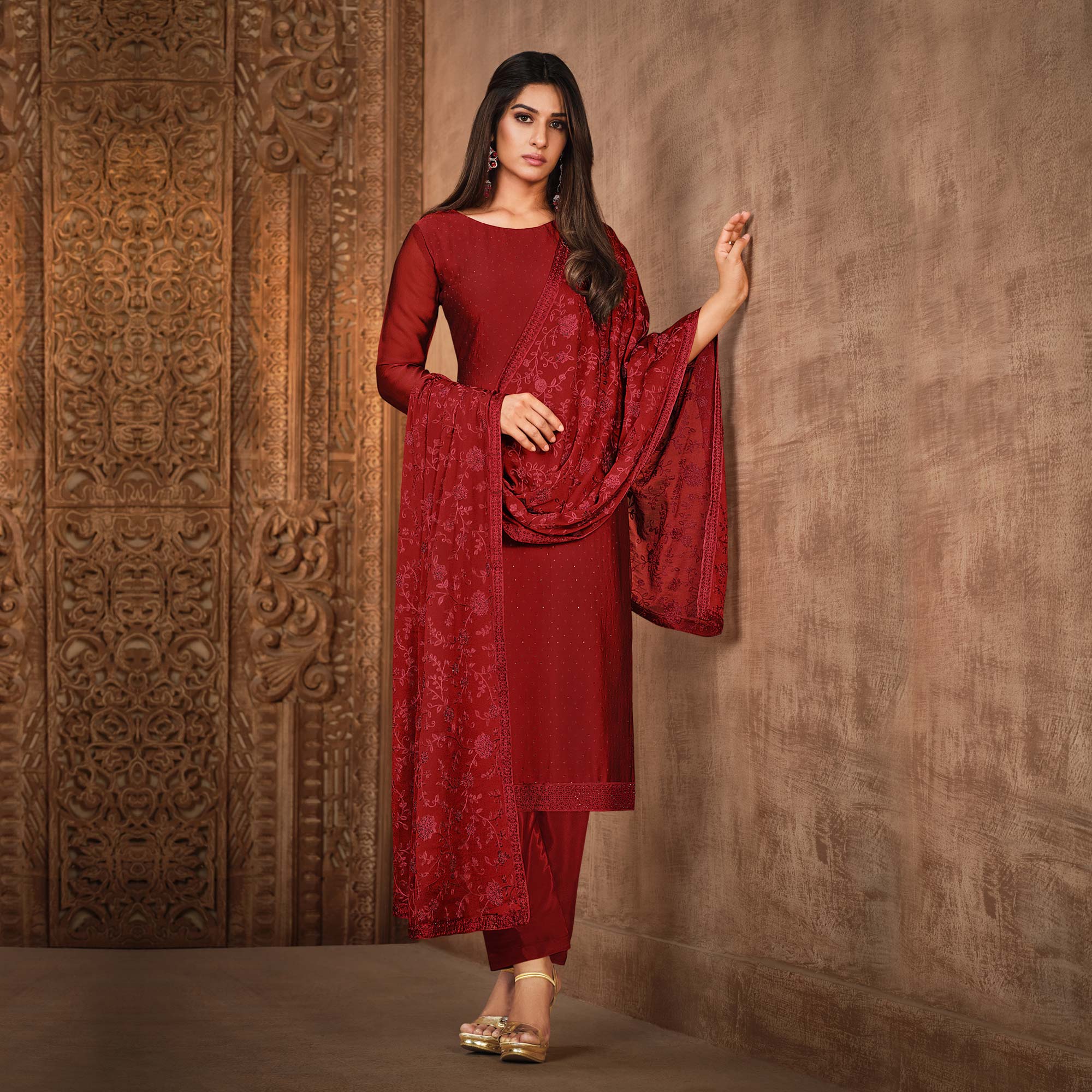 Red Diamond Work Georgette Semi Stitched Salwar Suit