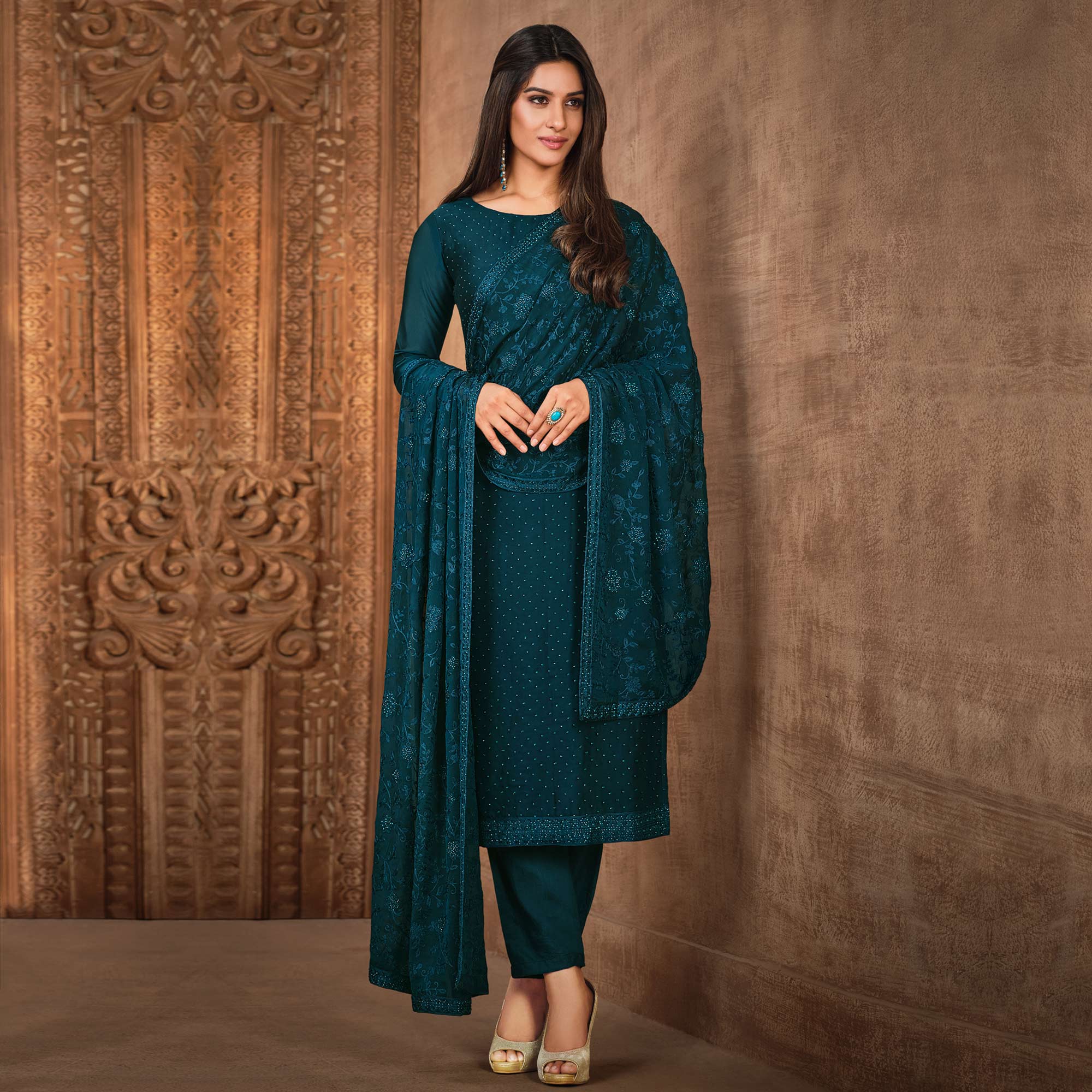 Teal Diamond Work Georgette Semi Stitched Salwar Suit