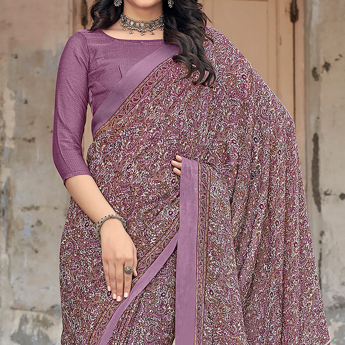 Mauve Paisley Printed Chiffon Saree