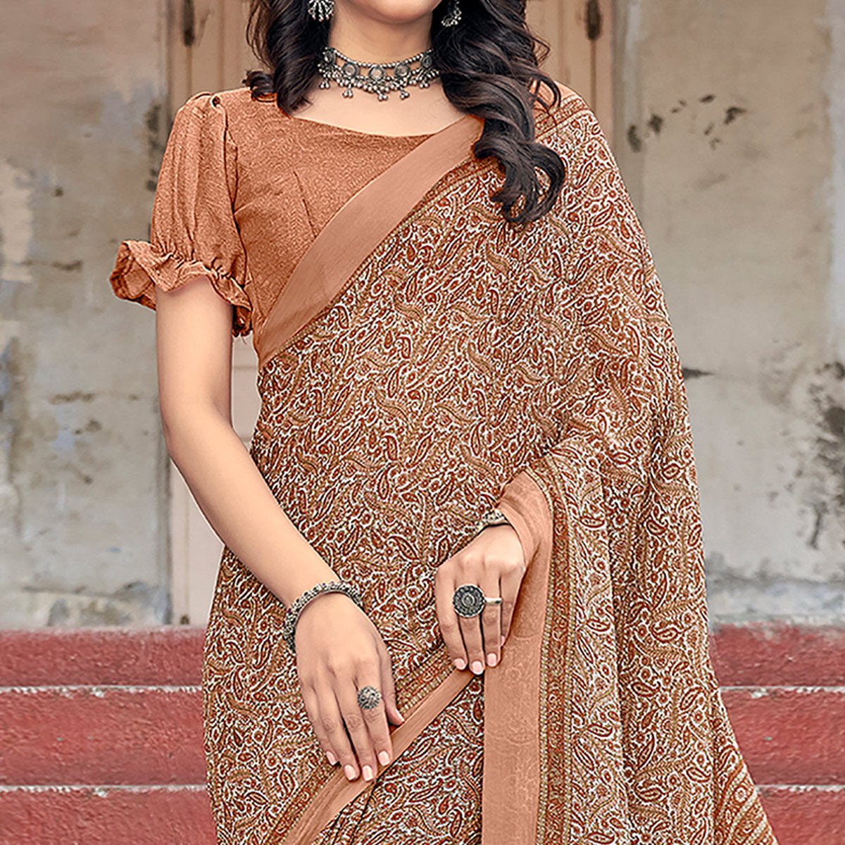 Dusty Orange Paisley Printed Chiffon Saree