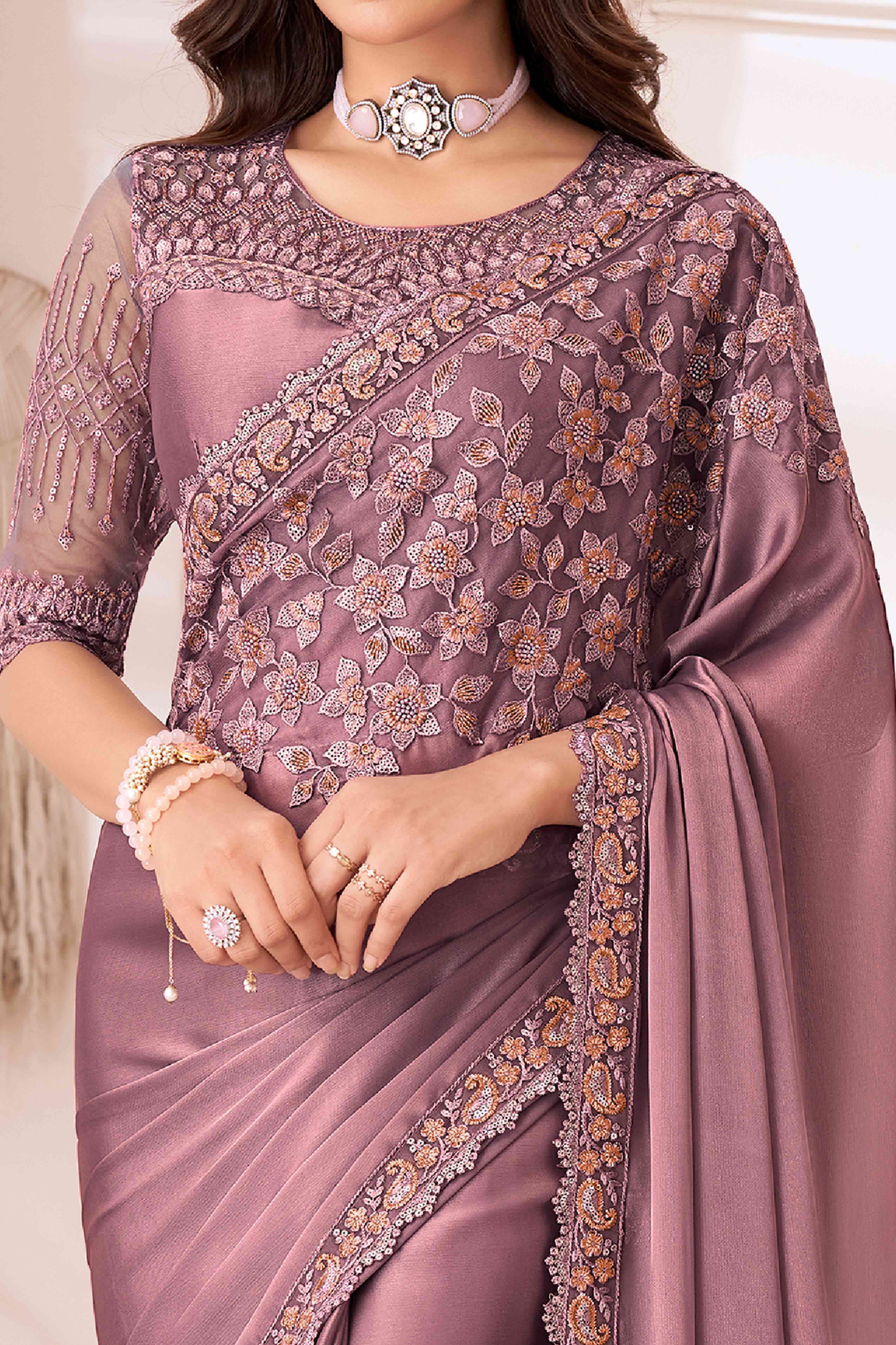 Dusty Rose Pink Sequins Embroidered Satin Saree