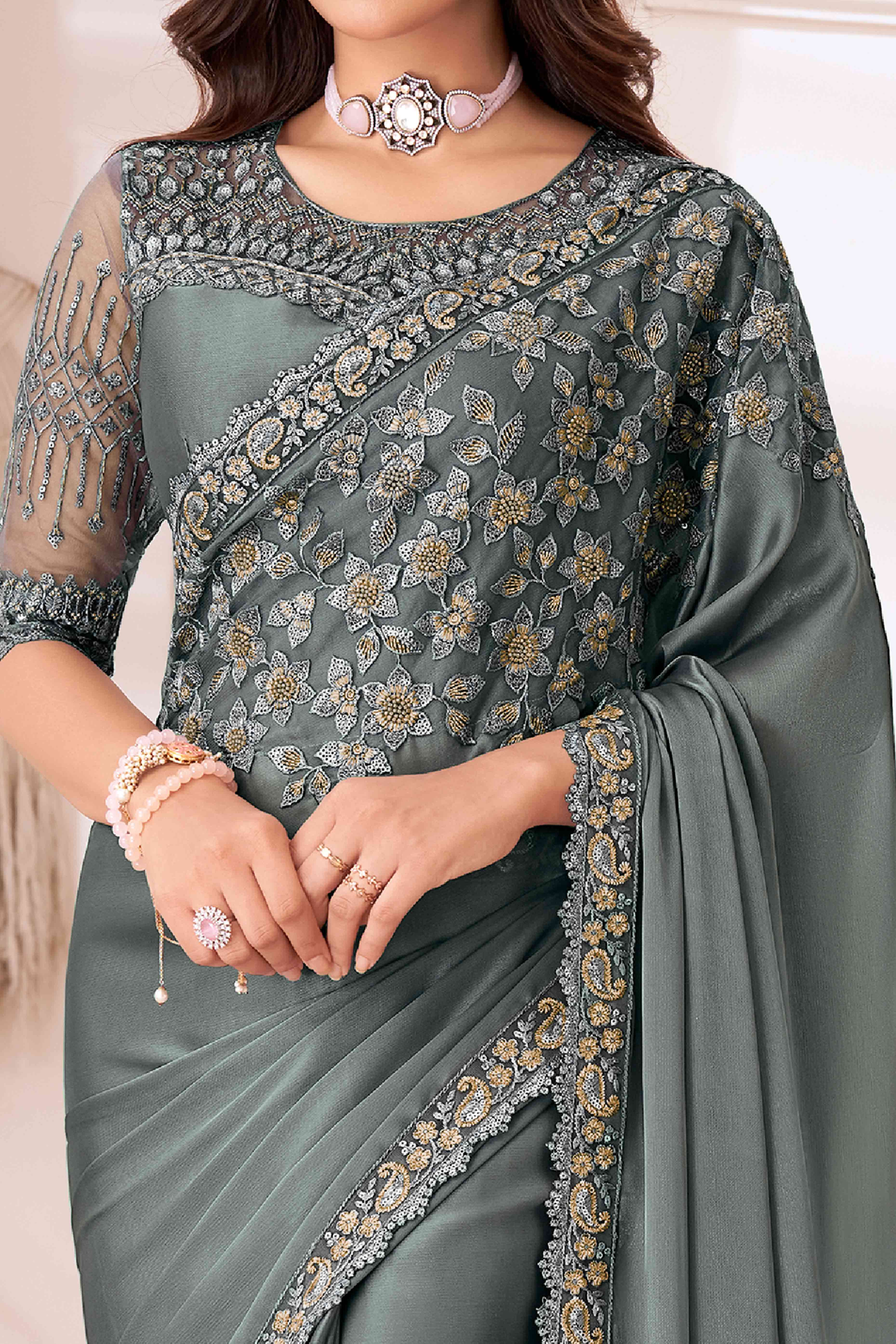 Grey Sequins Embroidered Satin Saree