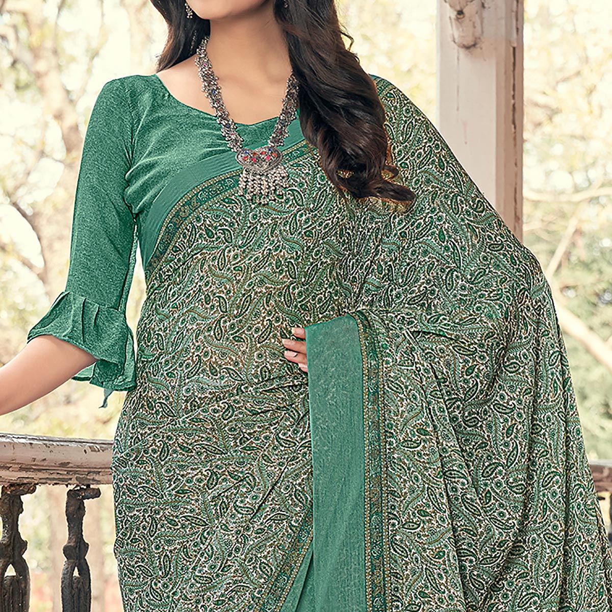 Rama Green Paisley Printed Chiffon Saree