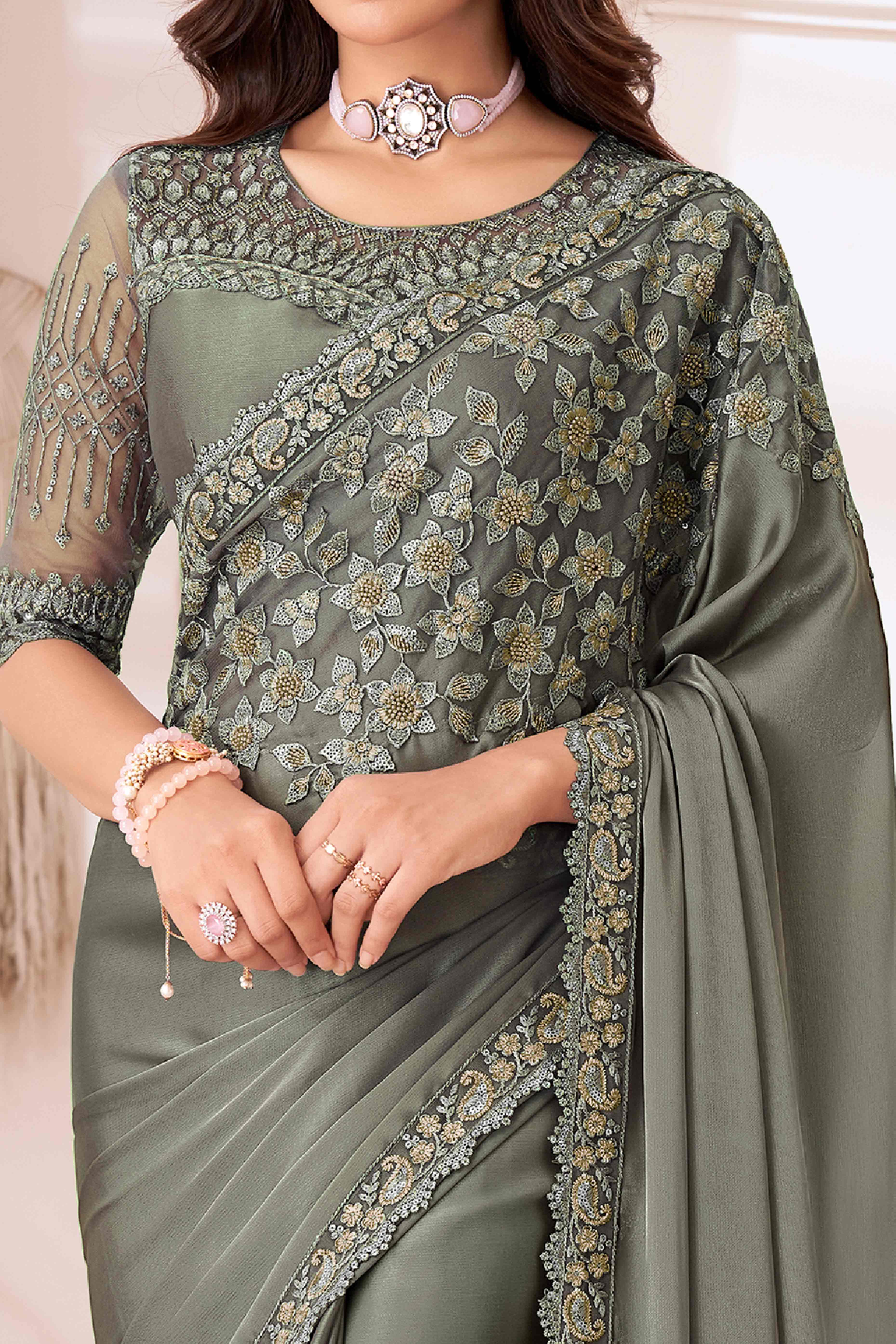 Dusty Grey Sequins Embroidered Satin Saree