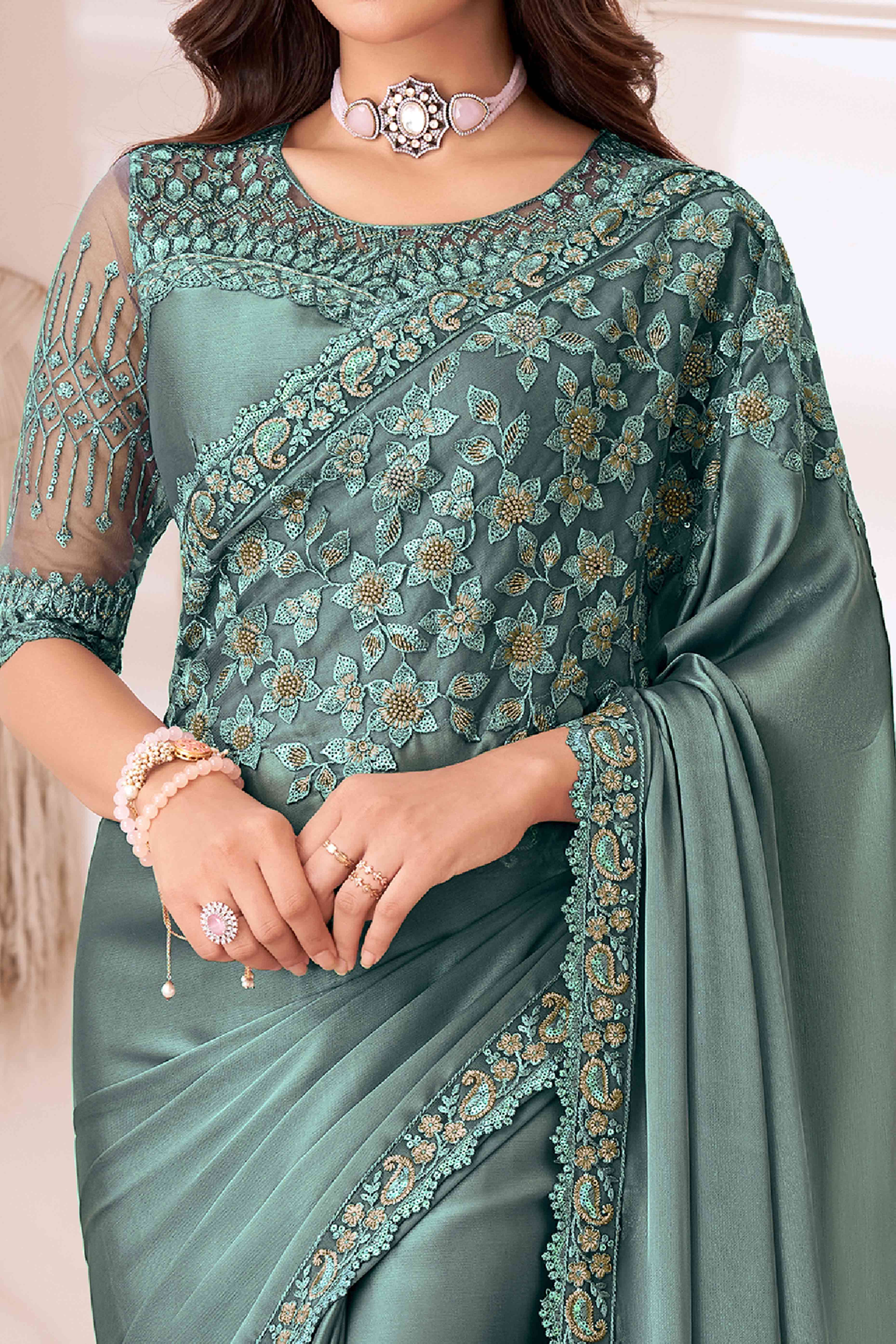 Sea Green Sequins Embroidered Satin Saree