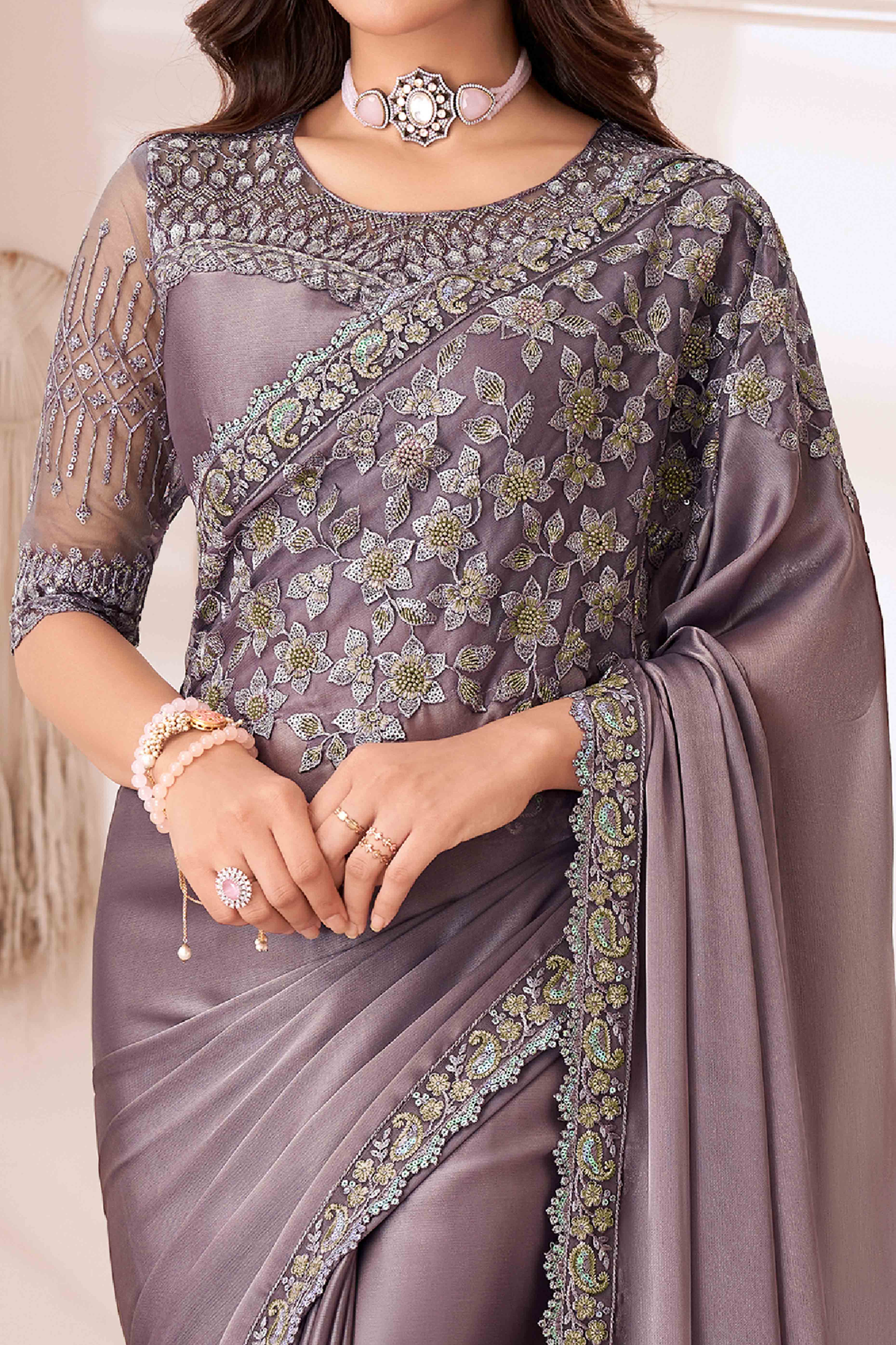 Dusty Purple Sequins Embroidered Satin Saree