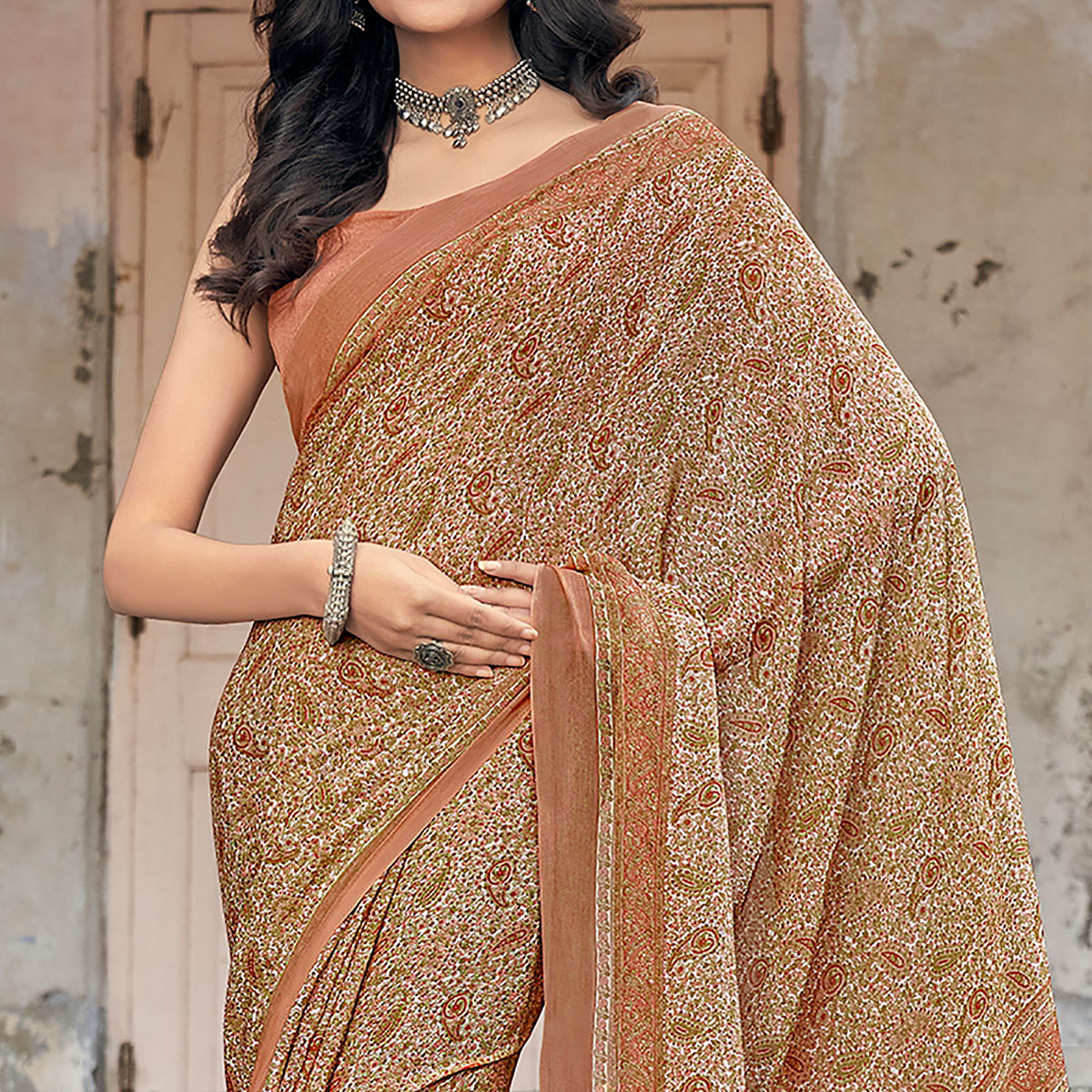 Orange Paisley Printed Chiffon Saree