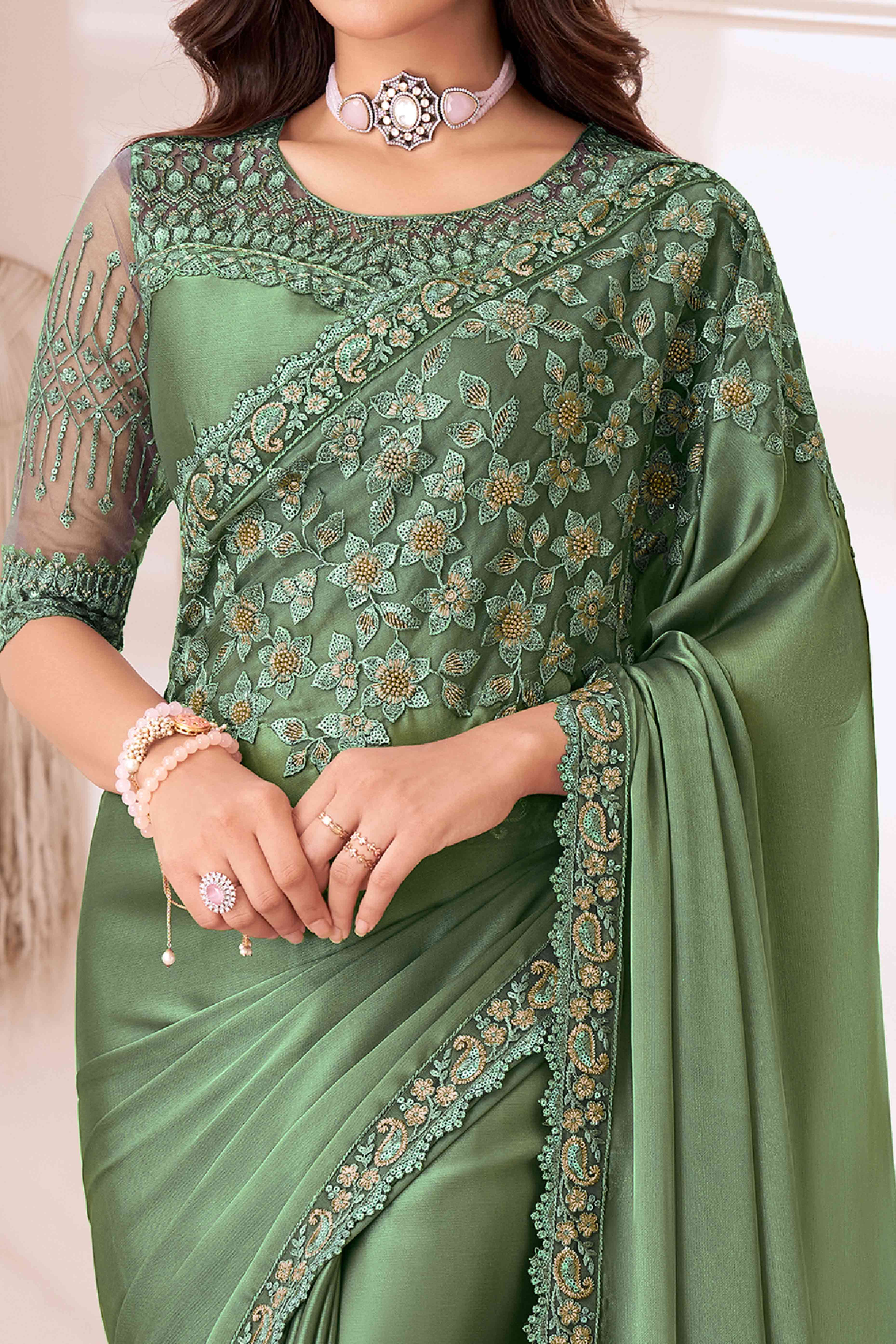 Green Sequins Embroidered Satin Saree