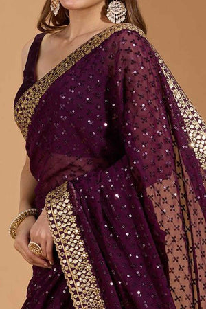 Wine Georgette Saree Accentuated with Elegant Sequin Embellishments
