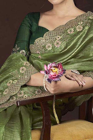 Green Organza Saree with Embroidery on the Edges for a Graceful Contemporary Look