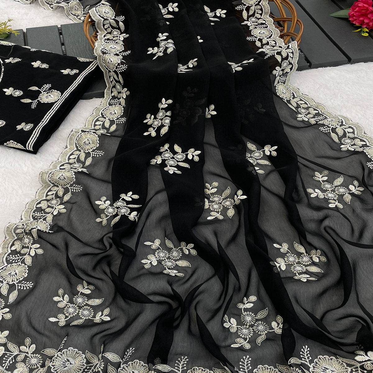 Black Shimmer Silk Saree with Graceful Floral Embroidery