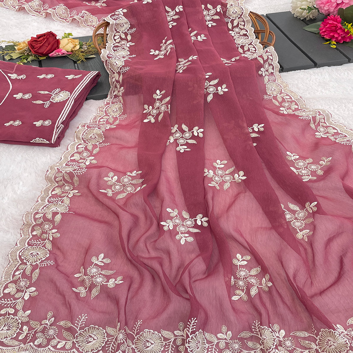 Pink Shimmer Silk Saree with Graceful Floral Embroidery