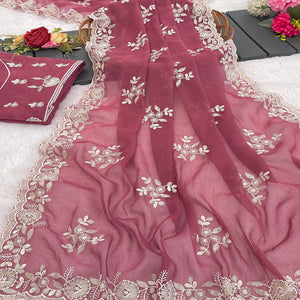 Pink Shimmer Silk Saree with Graceful Floral Embroidery
