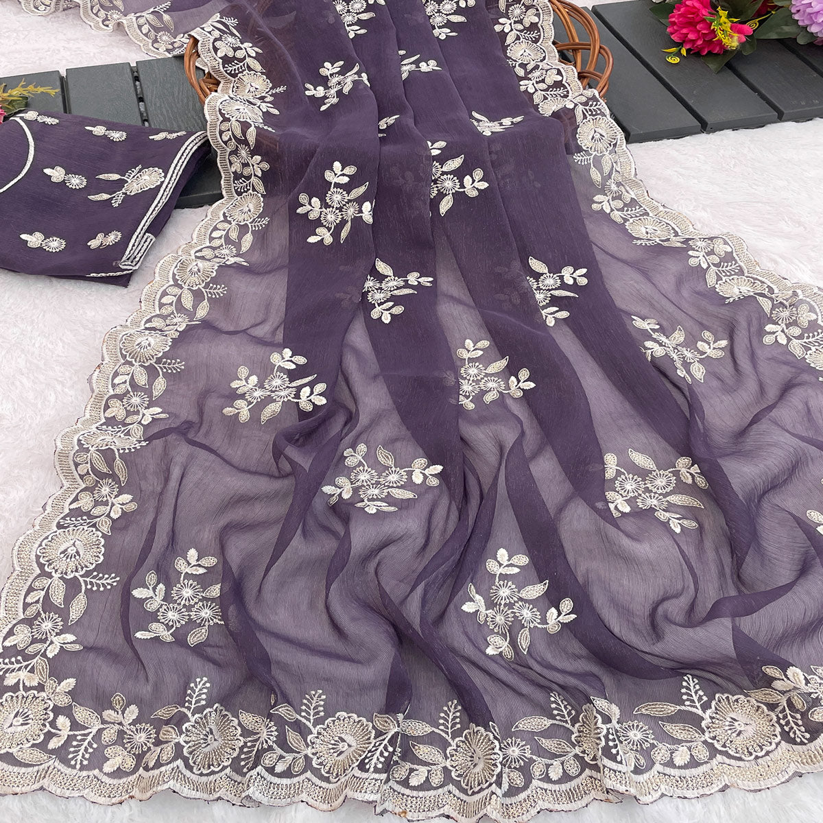Violet Shimmer Silk Saree with Graceful Floral Embroidery