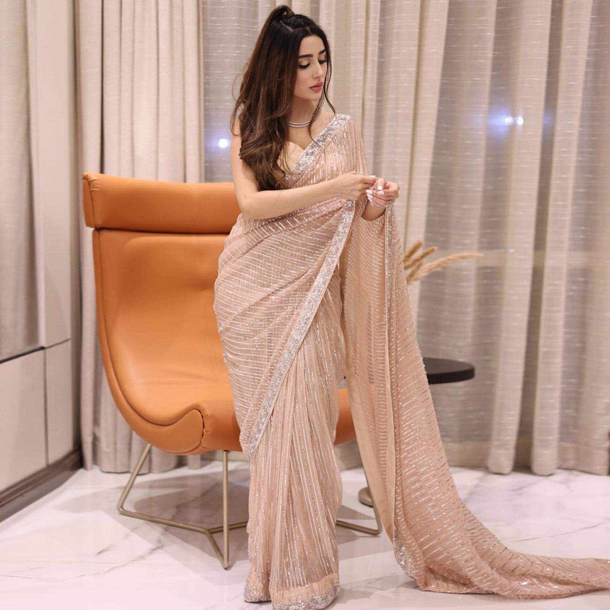 Peach Sequins Embroidered Georgette Saree