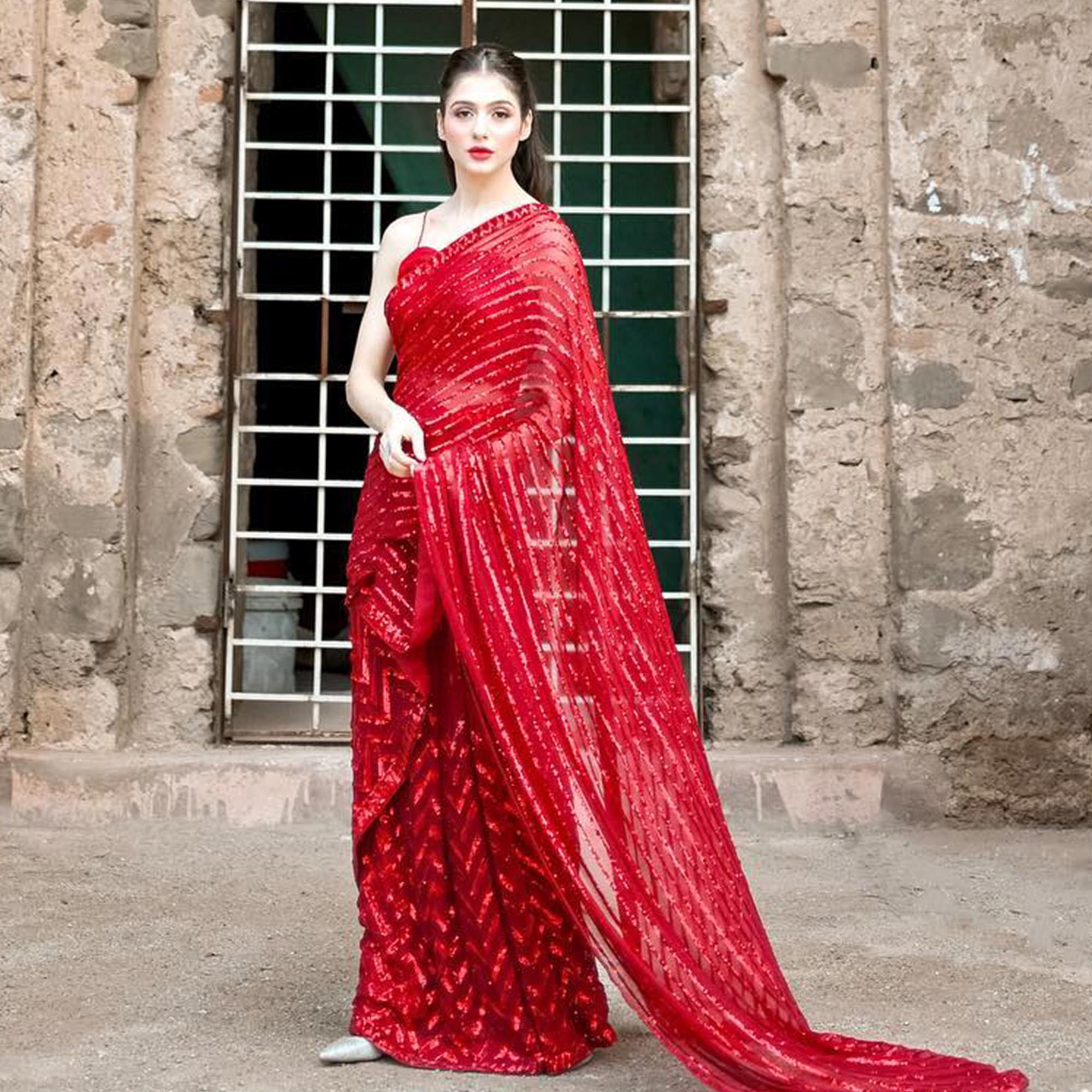 Red Sequins Embroidered Georgette Saree