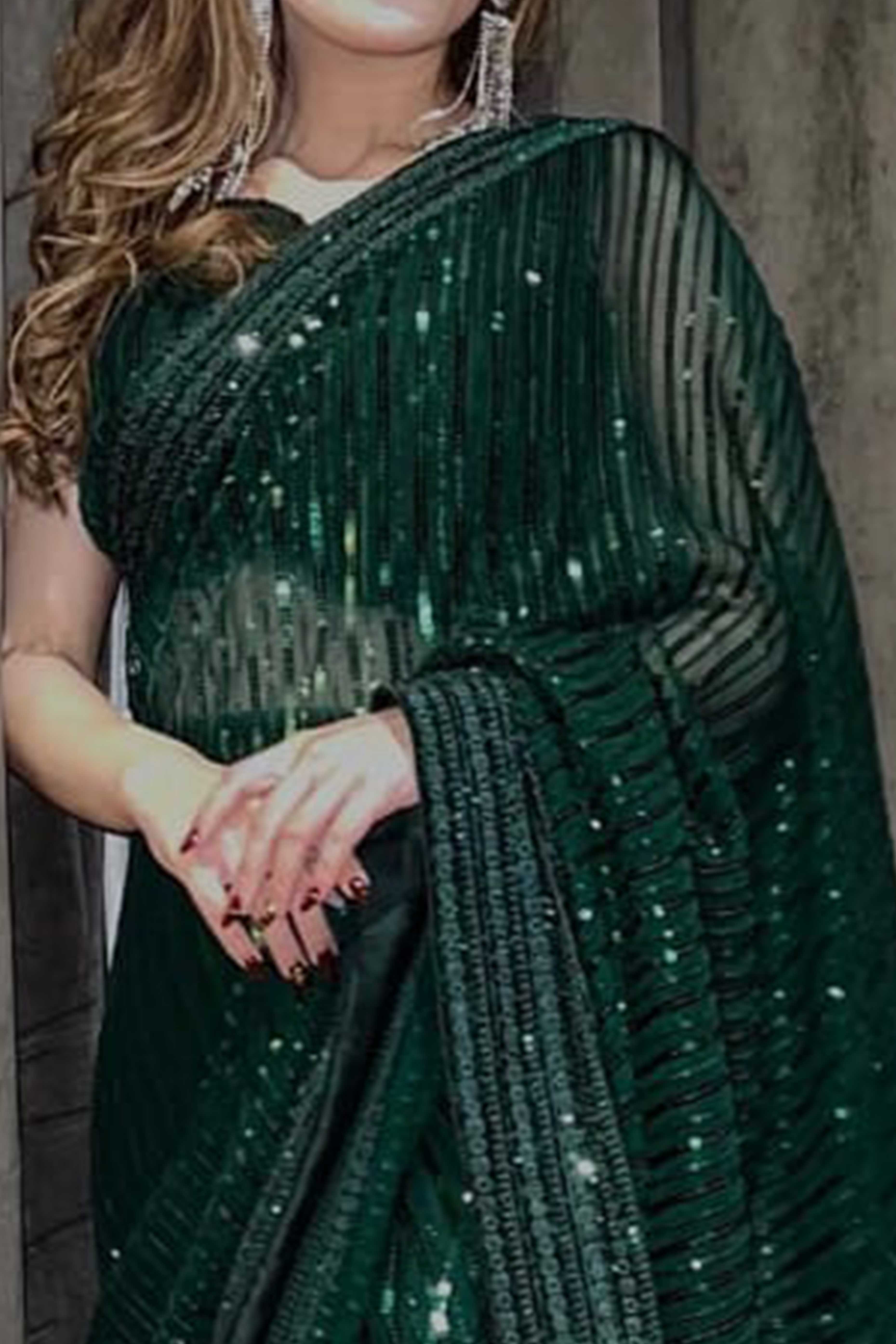 Charming Green Partywear Saree in Georgette with Stylish Sequin Embellishments