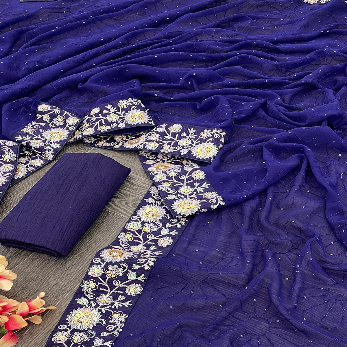 Blue Georgette Saree Featuring Fine Sequin Embroidery for a Glam Look