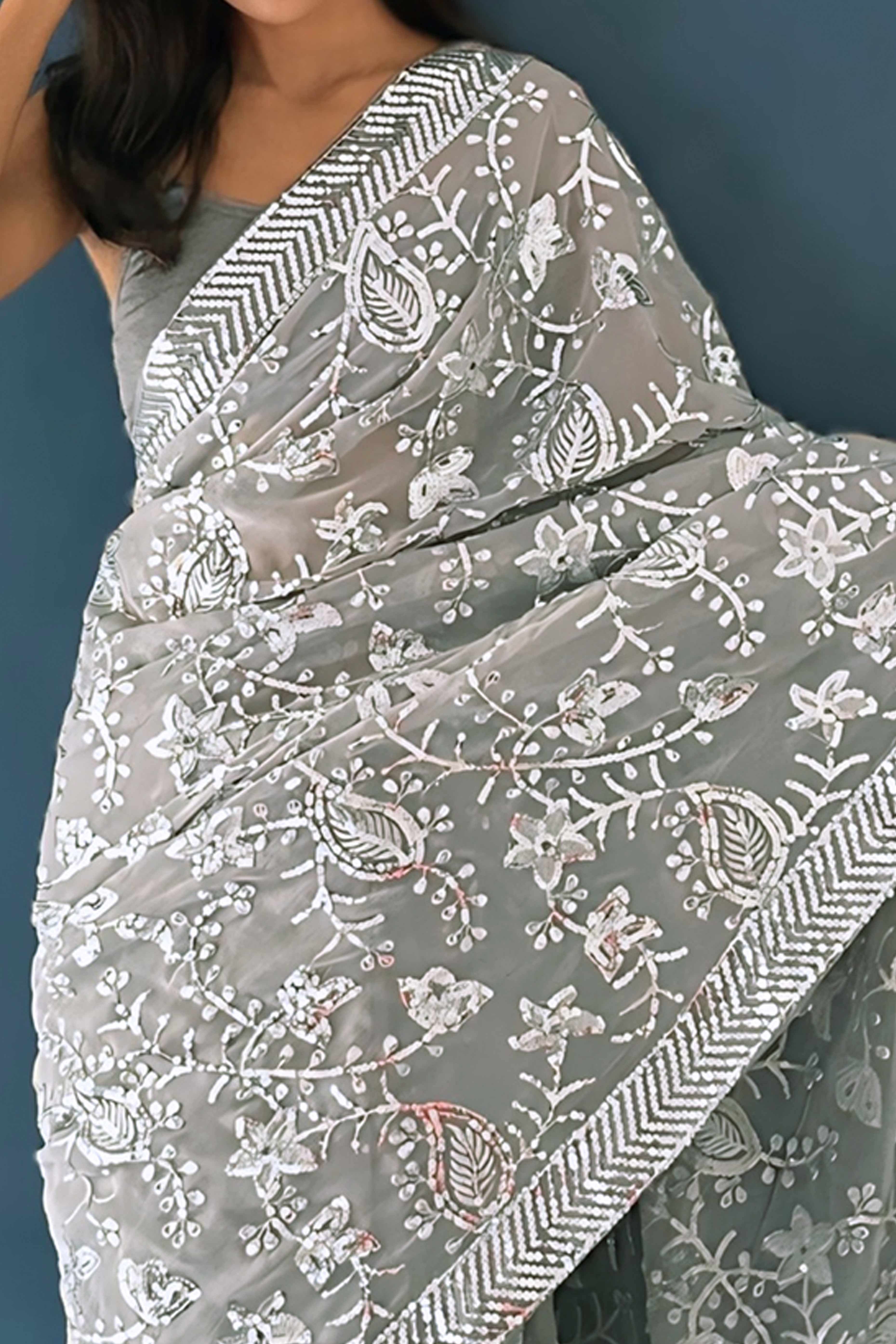Grey Sequins Embellished Georgette Saree with Delicate Embroidery and Sheer Grace