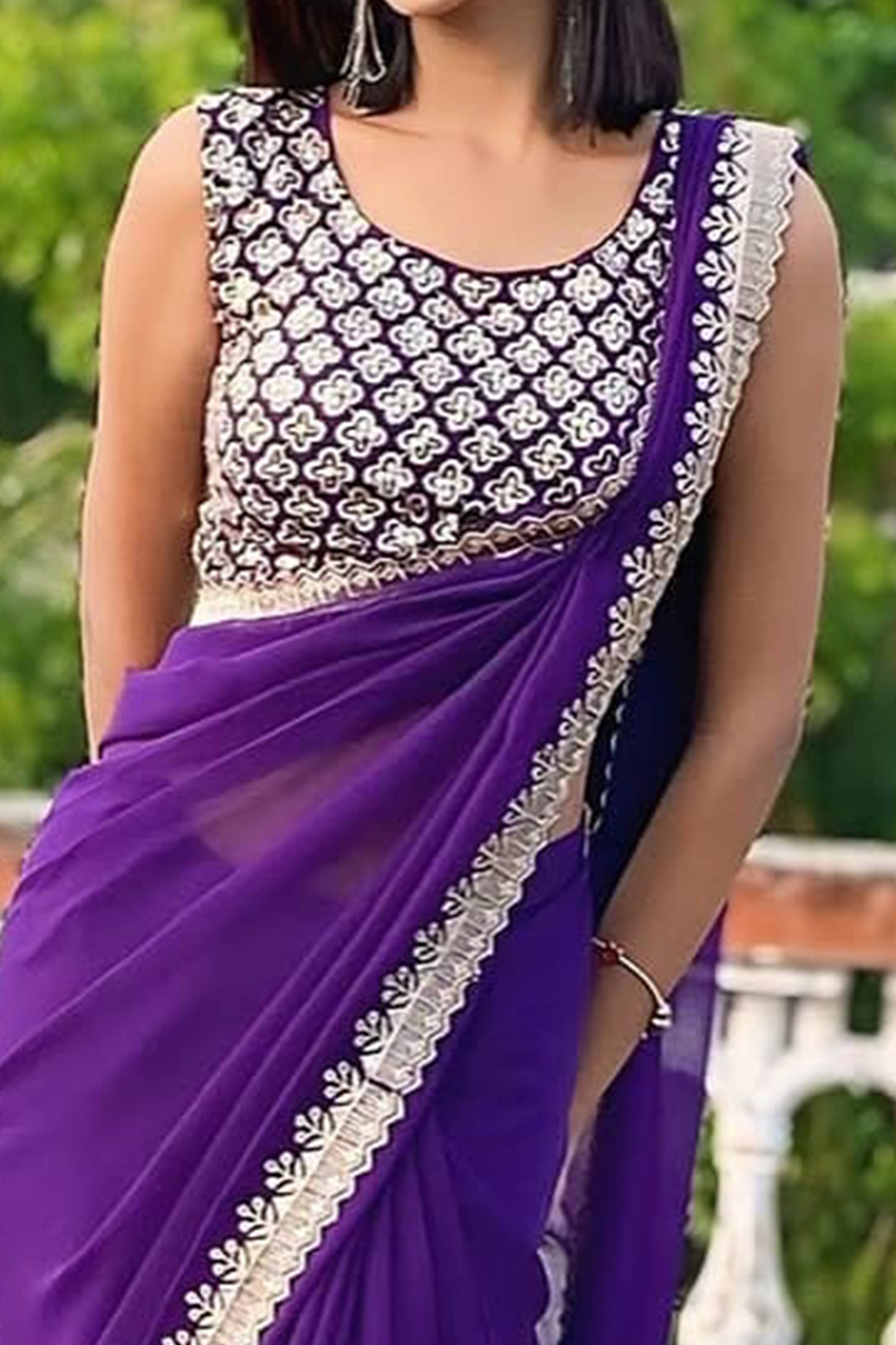 Violet Georgette Saree with Sleek Solid Finish and Embroidered Edging