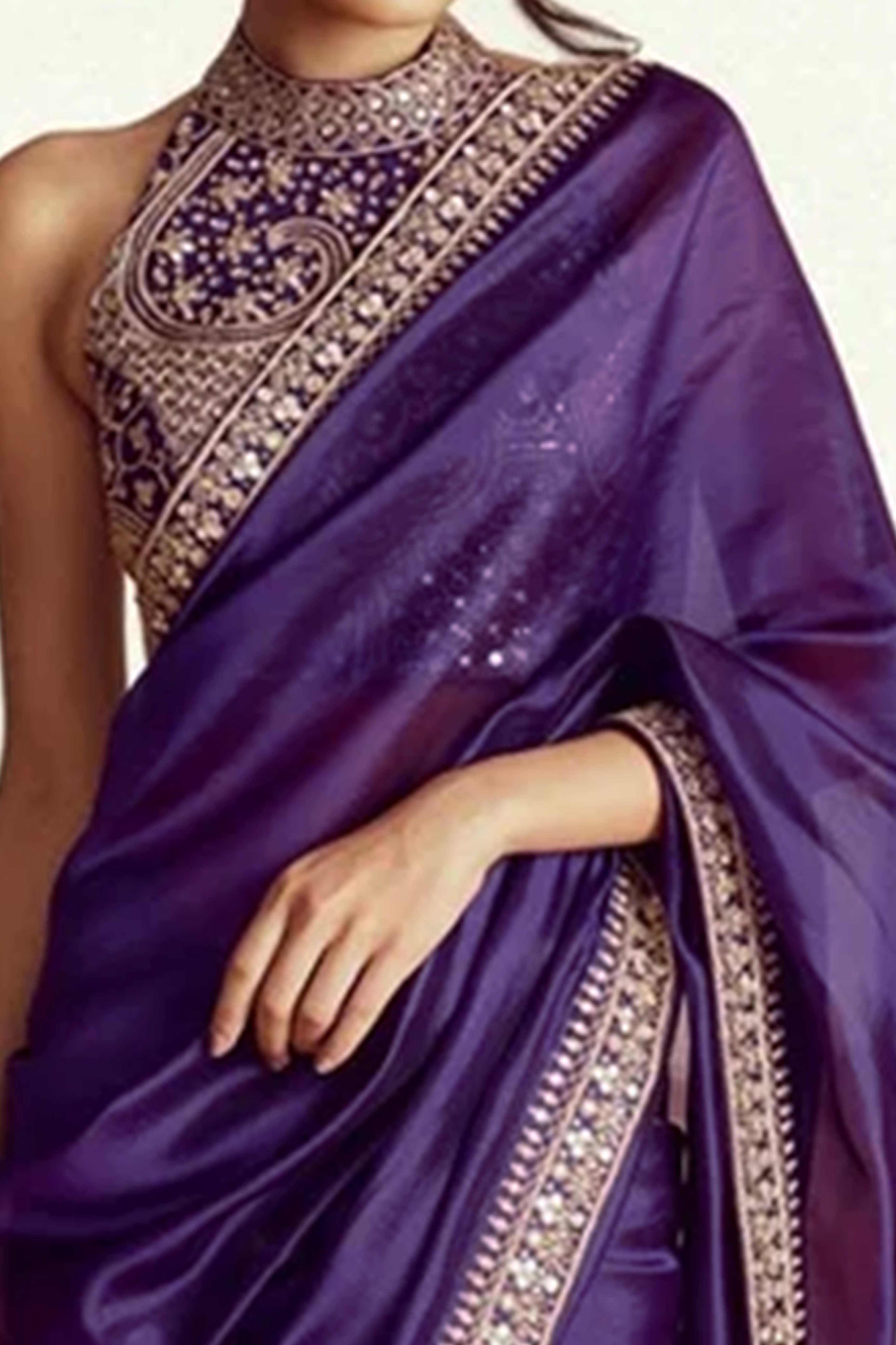 Violet Solid Pattern Saree in Smooth Silk Blend Fabric with Elegant Embroidered Edge Work