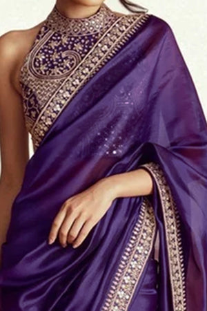 Violet Solid Pattern Saree in Smooth Silk Blend Fabric with Elegant Embroidered Edge Work