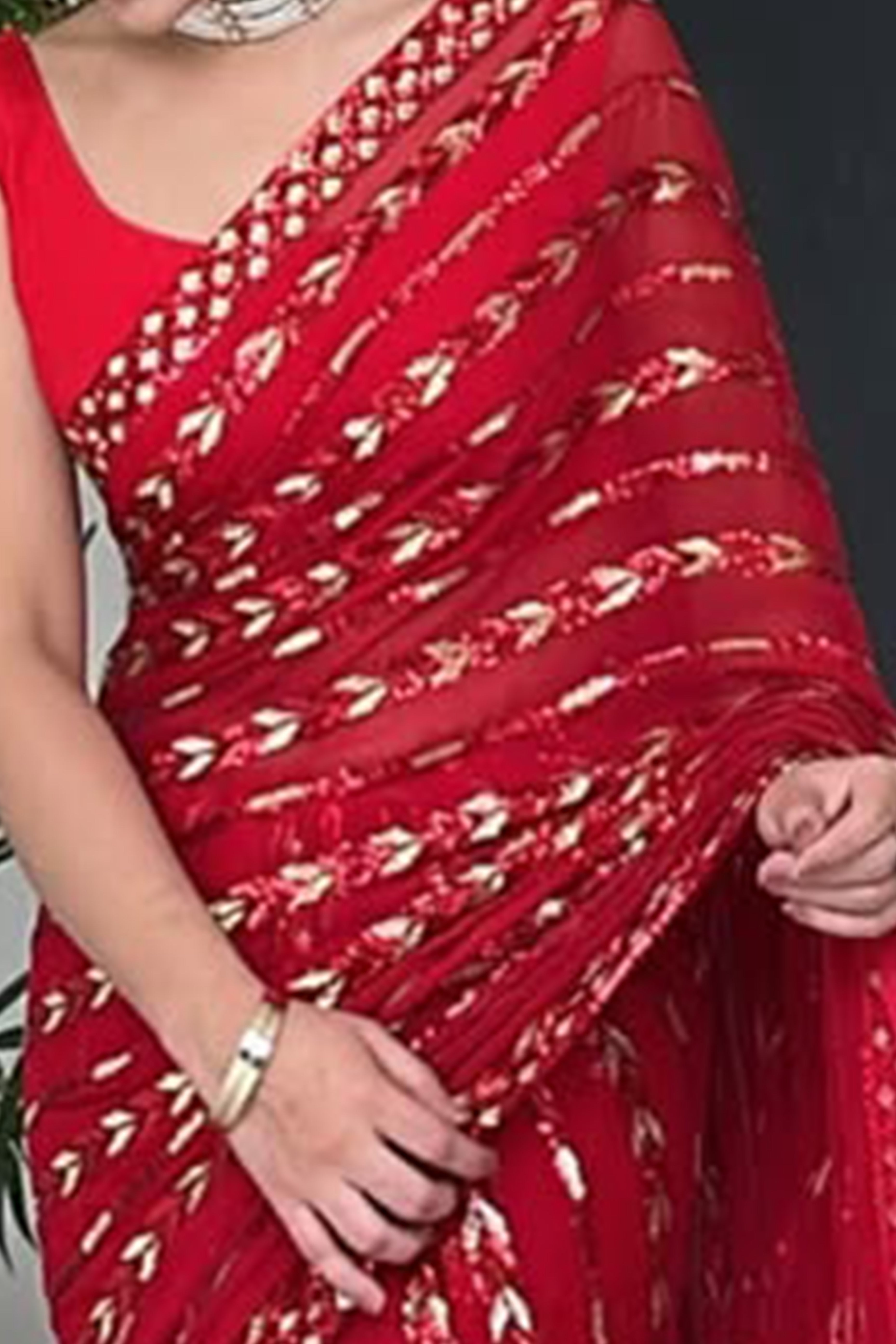 Stylish Red Striped Georgette Saree Featuring All-Over Sequin Embroidery