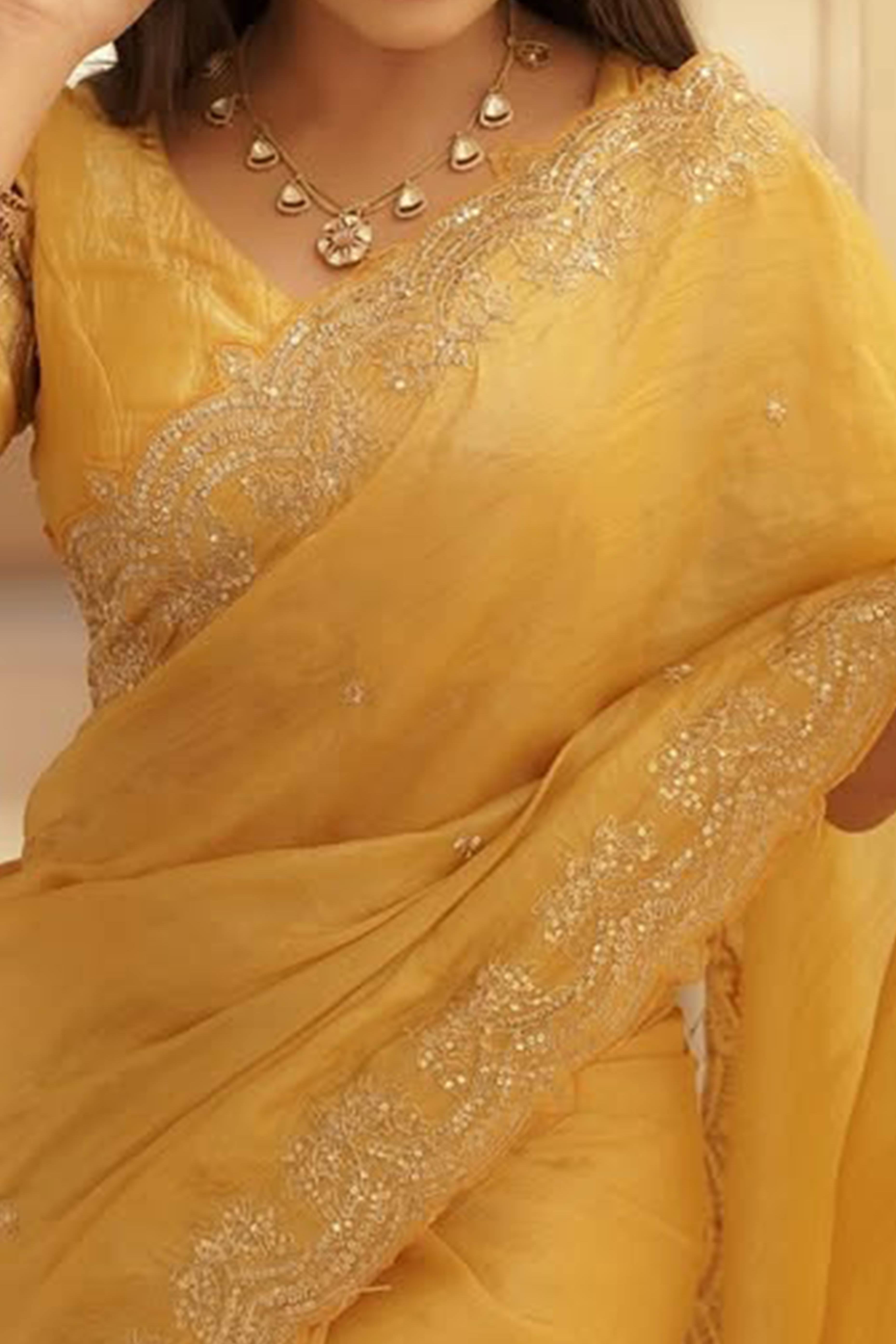 Golden Silk Blend Saree Accented with Sparkling Sequin Embellished